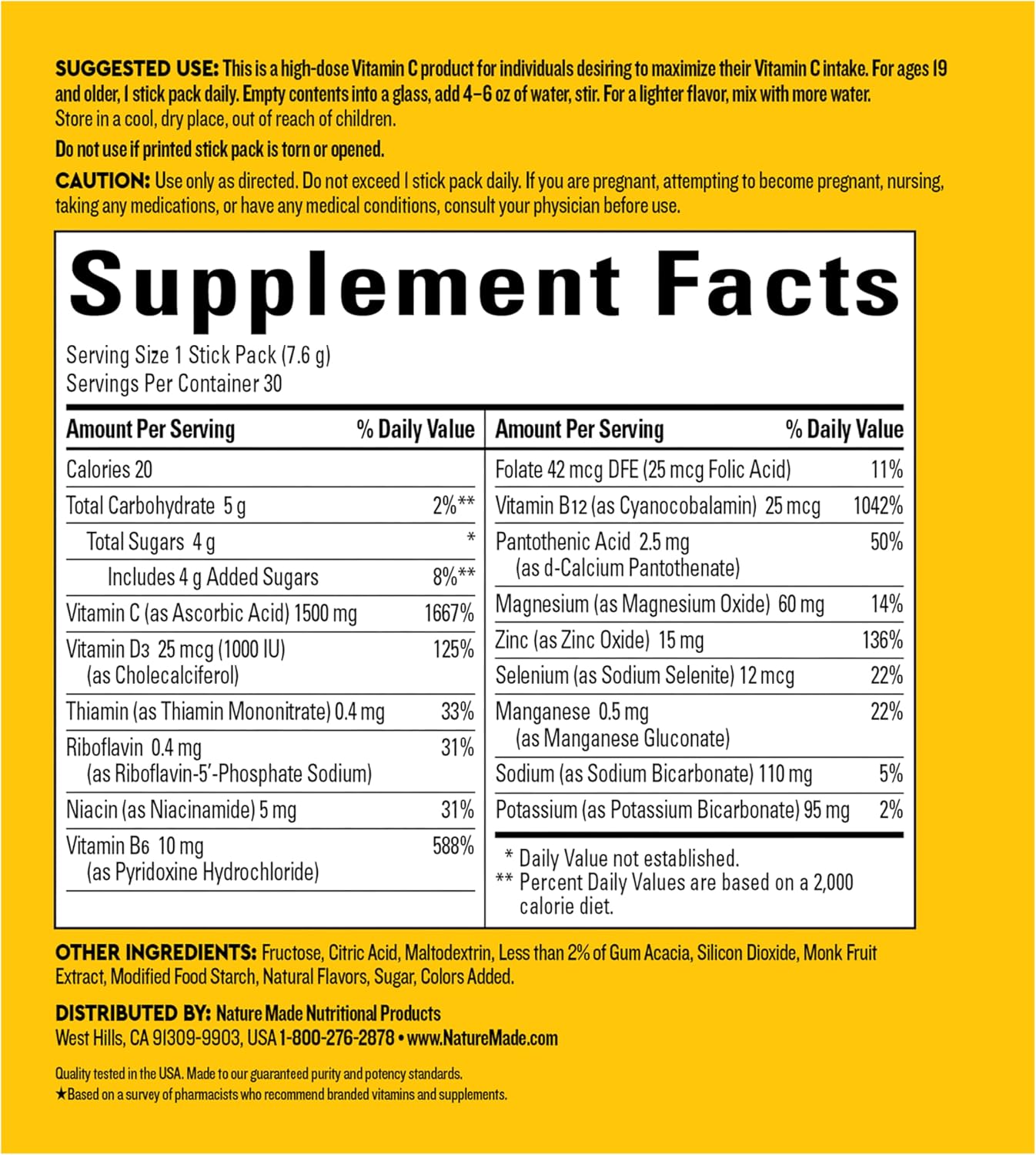 Nature Made Wellblends ImmuneMAX Mezcla Efervescente - Vitamina C 1500 mg, Zinc 15 mg y Vitamina D3, 30 sobres