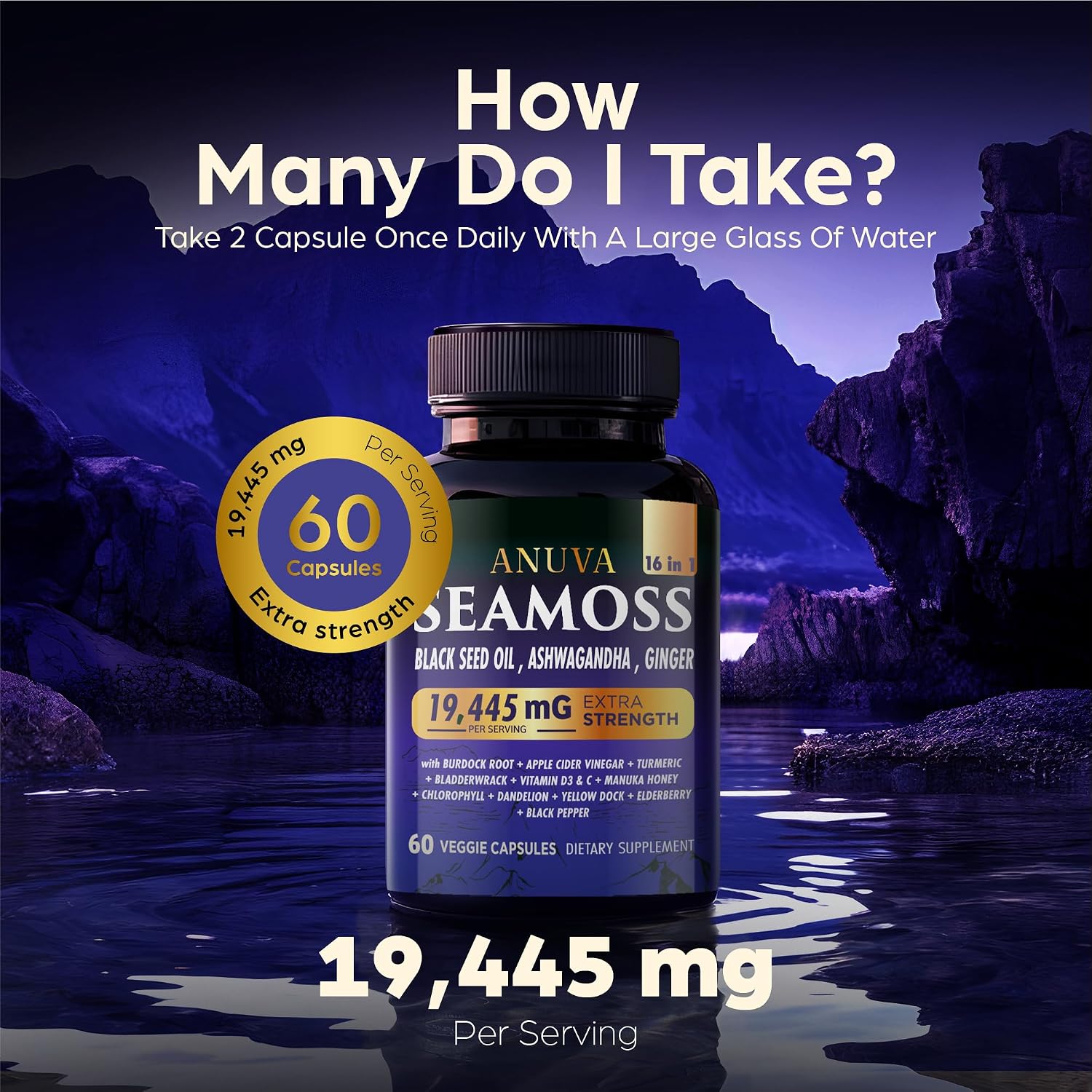 Anuva 16 en 1 Cápsulas de Sea Moss con Aceite de Semilla Negra, Ashwagandha, Vitamina C, D3, Cúrcuma, Bardana y Minerales - 60 Cápsulas Veganas