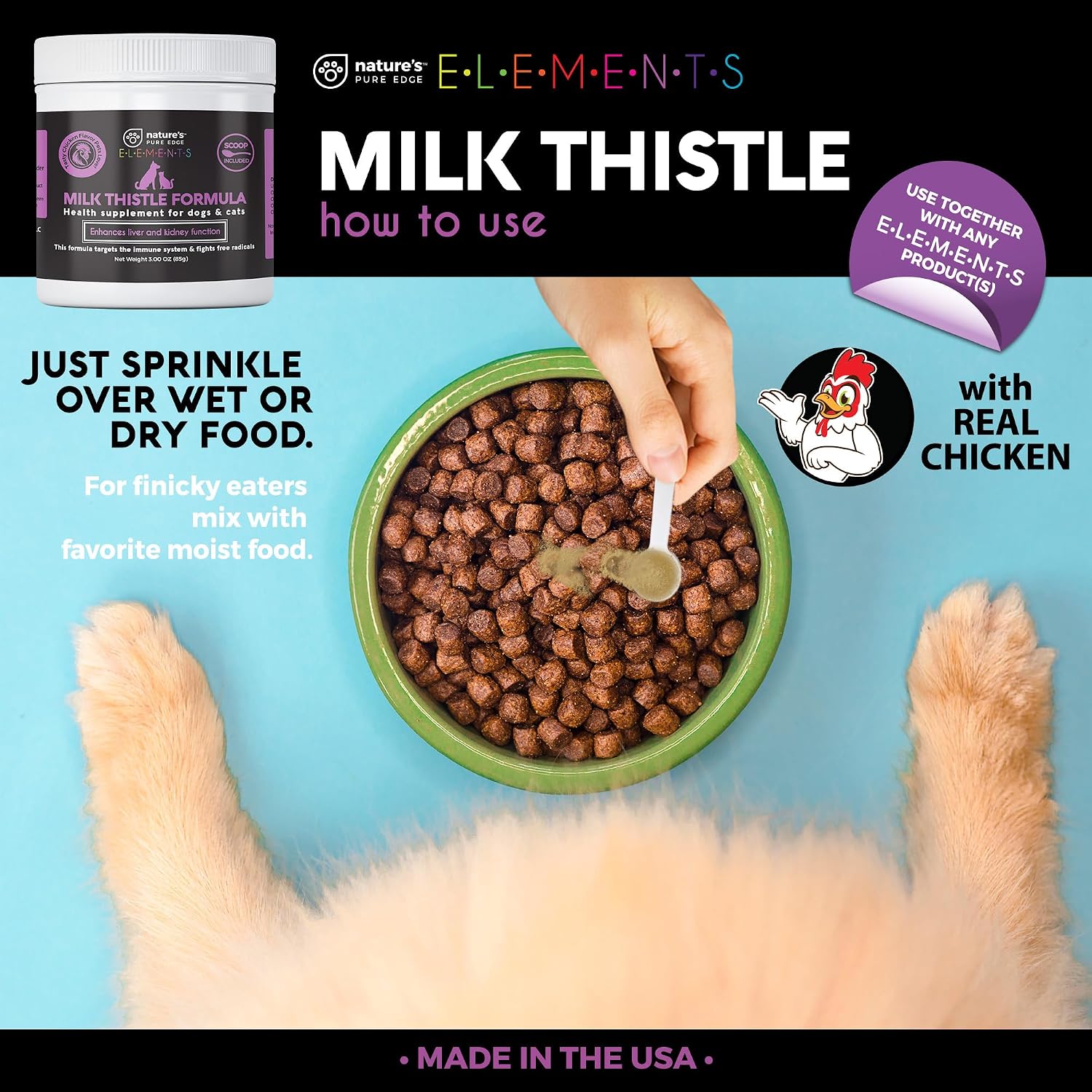 Milk Thistle for Dogs & Cats. Suplemento Hepático con Pollo Real. Desintoxicación de Hígado y Riñones. Frasco Grande de 85 gramos.