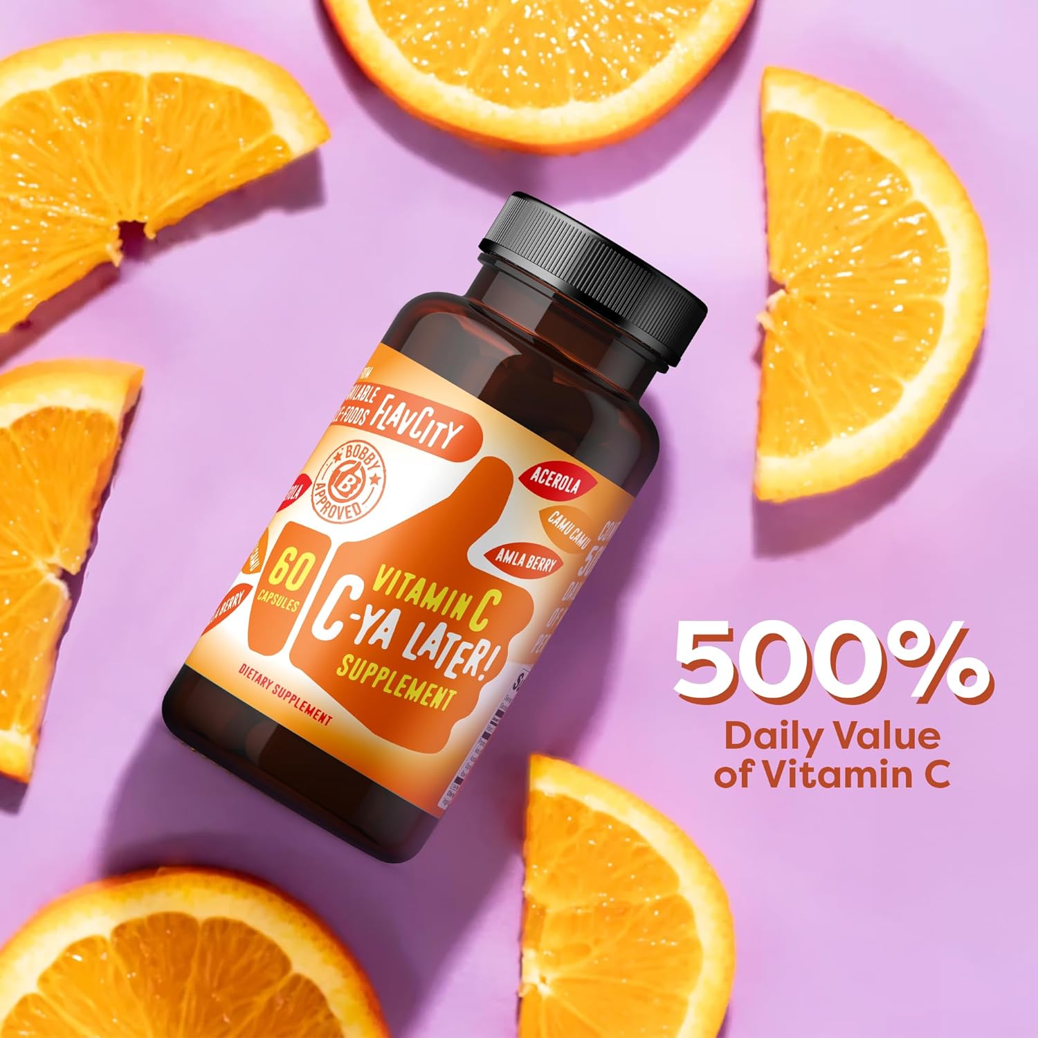 FlavCity Vitamina C C-Ya Later! Superfood-Derived Immunity Support - 500% Valor Diario (60 Cápsulas)