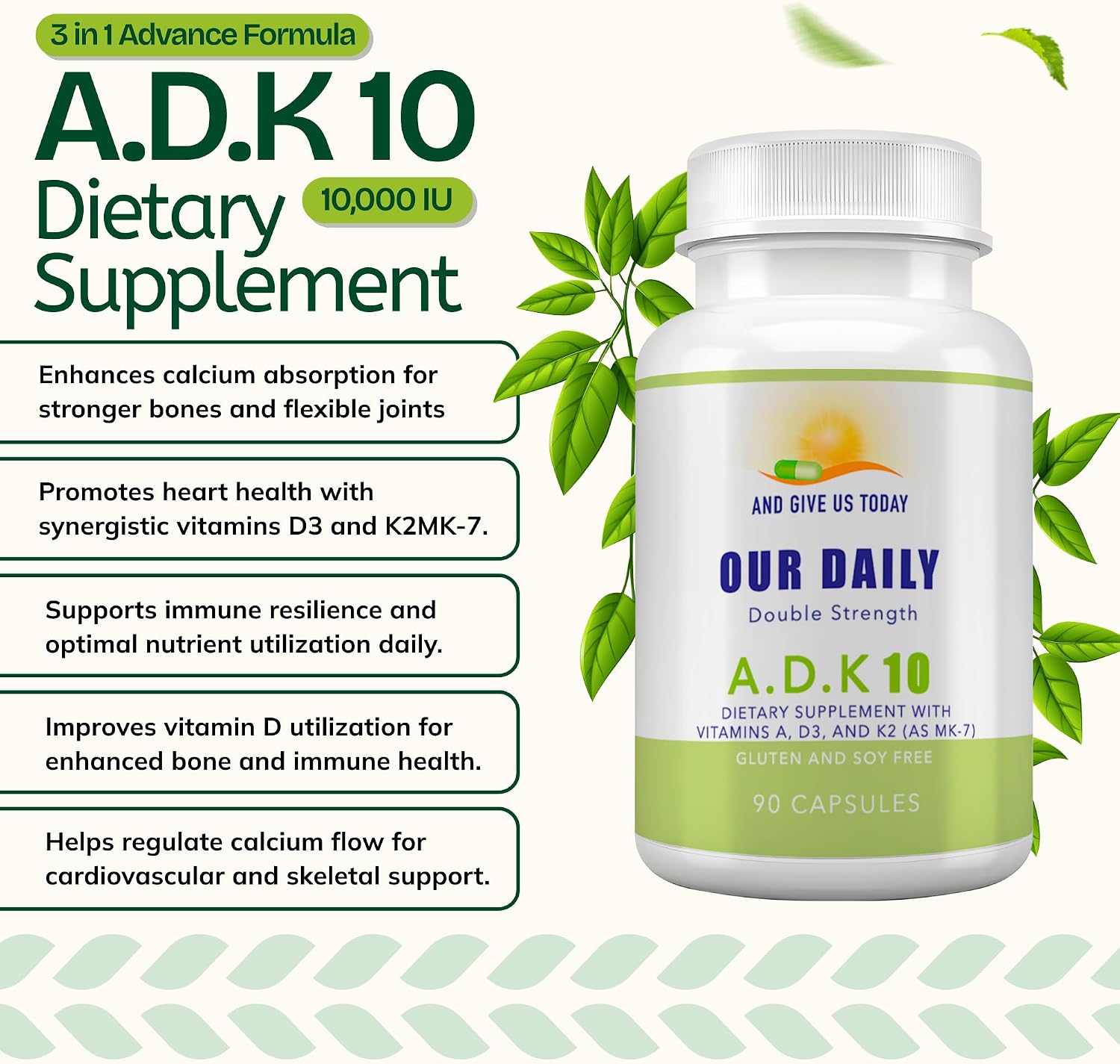 Daily Vites ADK 10 - Suplemento de Vitaminas A, D3 y K2 (MK-7), 90 Cápsulas
