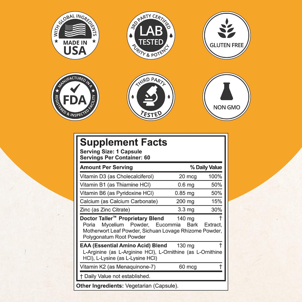 NuBest Doctor Taller - Bone Strength Support & Immune System - Calcium, Vitamin D3, K2, Amino Acids & Herbs for Children 8+ - 60 Cápsulas Veganas