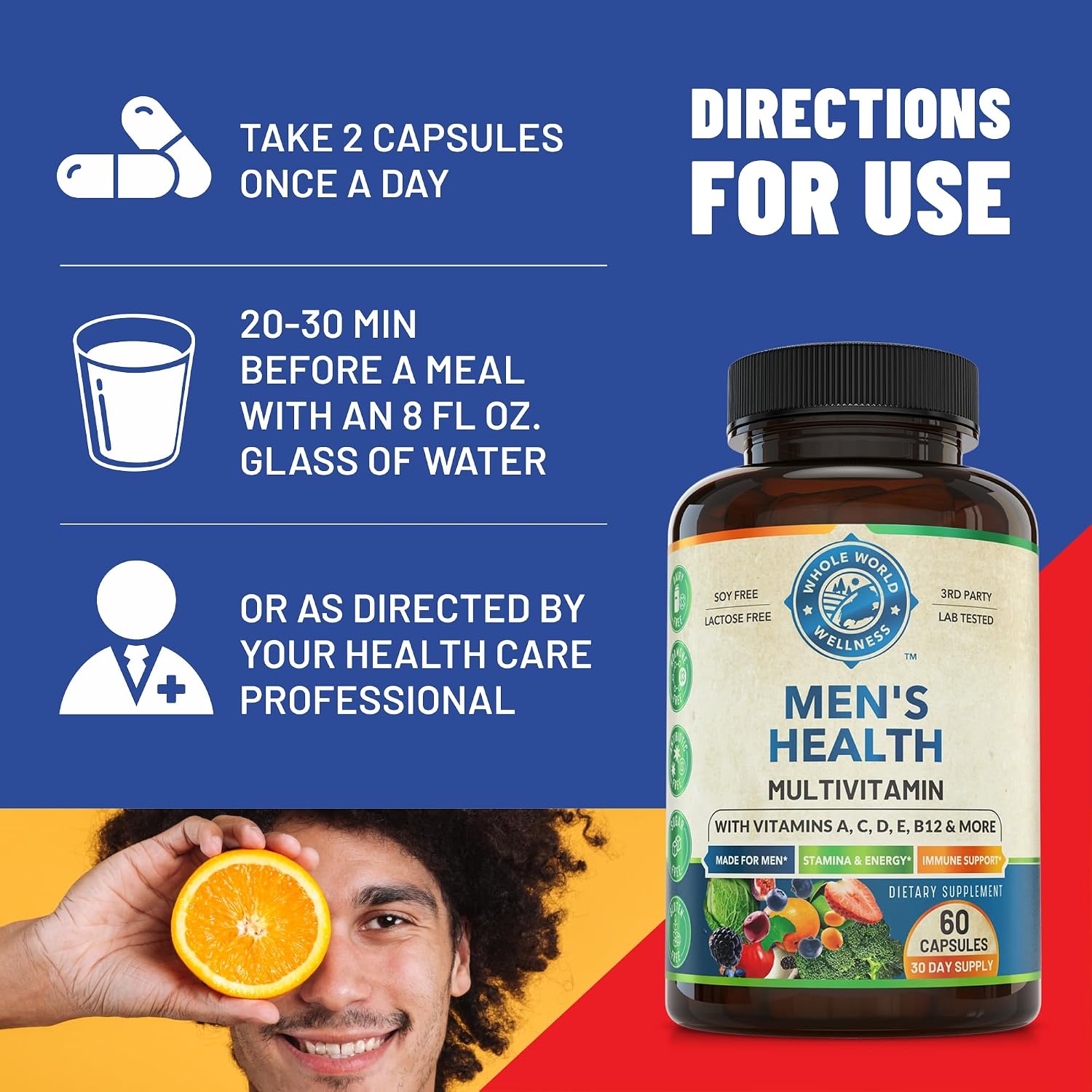 Whole World Wellness Multivitamínico Diario para Hombres - 30+ Nutrientes, Energía y Rendimiento