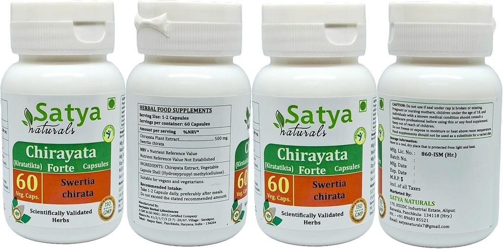 Chirayata Forte Cápsulas 500 mg - Extracto de Swertia Chirata (4 Frascos de 60 Cápsulas)