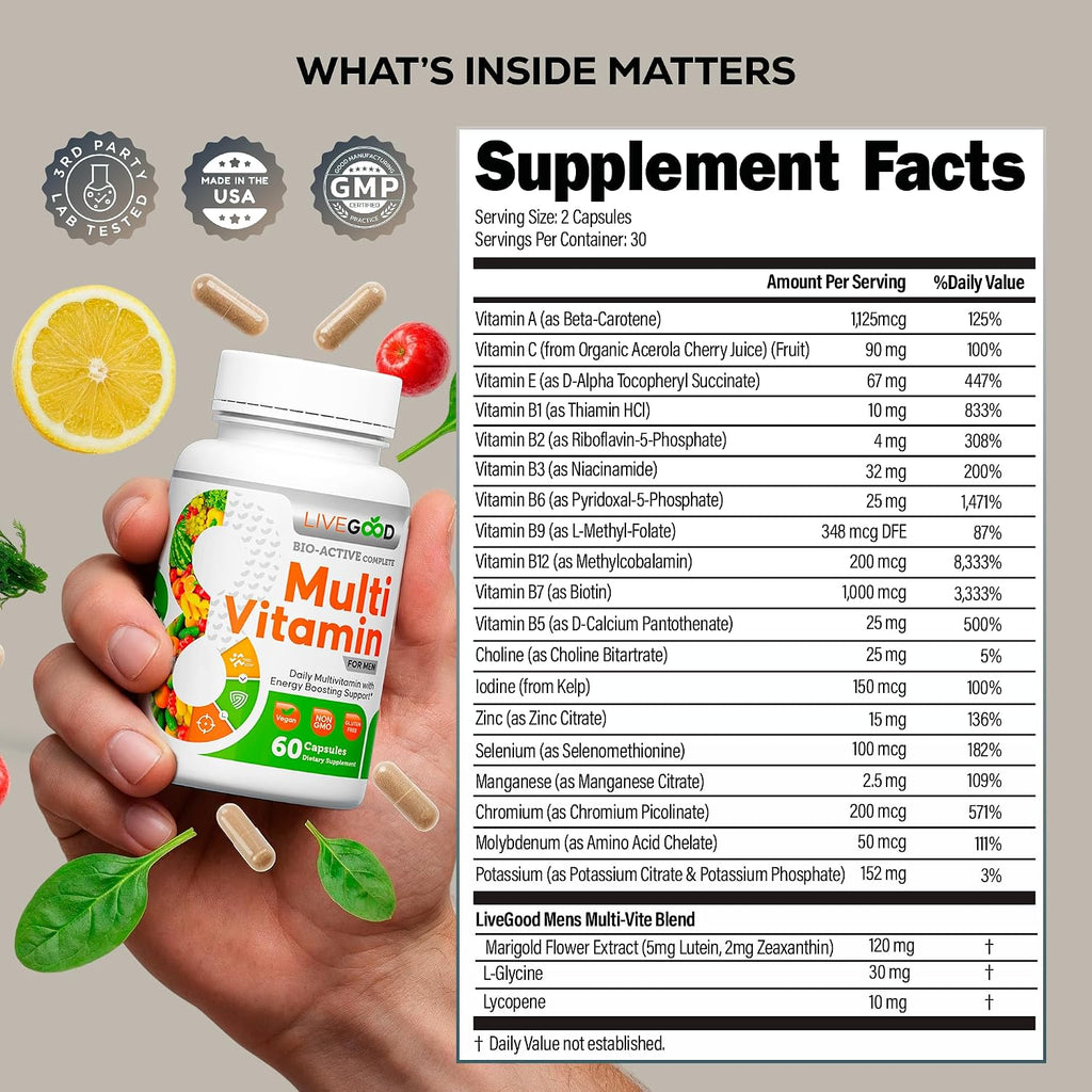 LiveGood Bio-Active Complete Multivitamin for Men, Daily Men’s Multi with 24 Essential Vitamins and Minerals for Energy, Immunity, Heart and Bone Support, Complete Men’s Formula (60 Capsules)