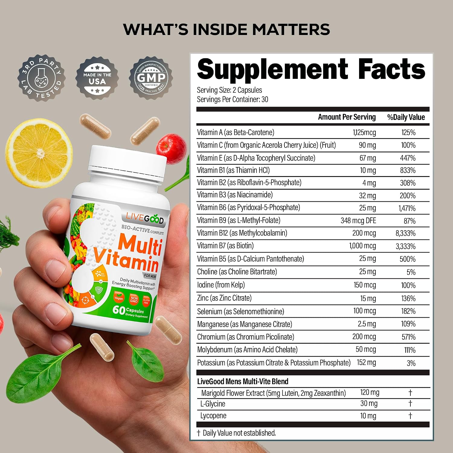 LiveGood Bio-Active Complete Multivitamin for Men, Daily Men’s Multi with 24 Essential Vitamins and Minerals for Energy, Immunity, Heart and Bone Support, Complete Men’s Formula (60 Capsules)