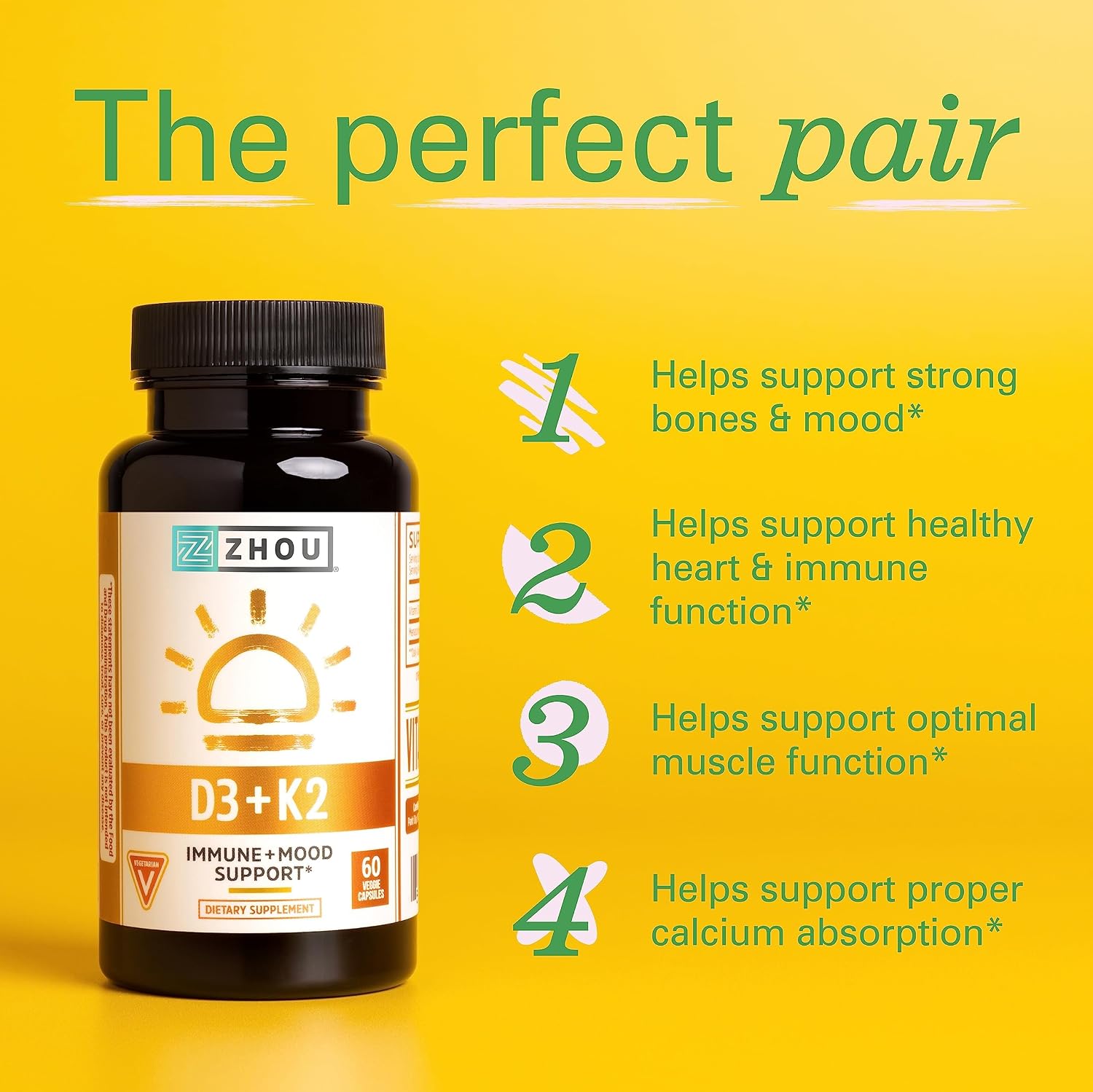 Zhou D3+K2 - Suplemento de Vitamina D3 y K2, 5000 UI D3 y 90 mcg MK-7, 60 Cápsulas Vegetales