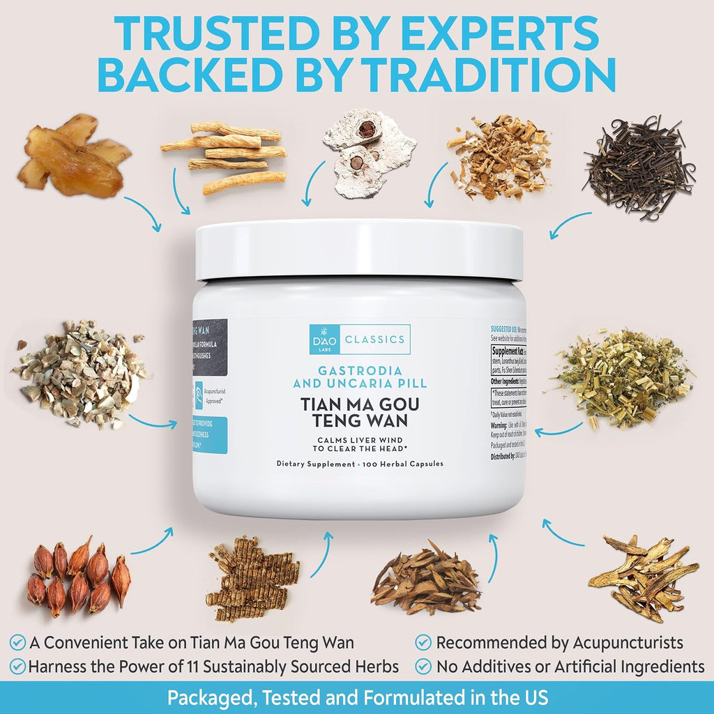 D’AO Labs Tian Ma Gou Teng Wan – Cápsulas de Gastrodia y Uncaria – 100 Cápsulas