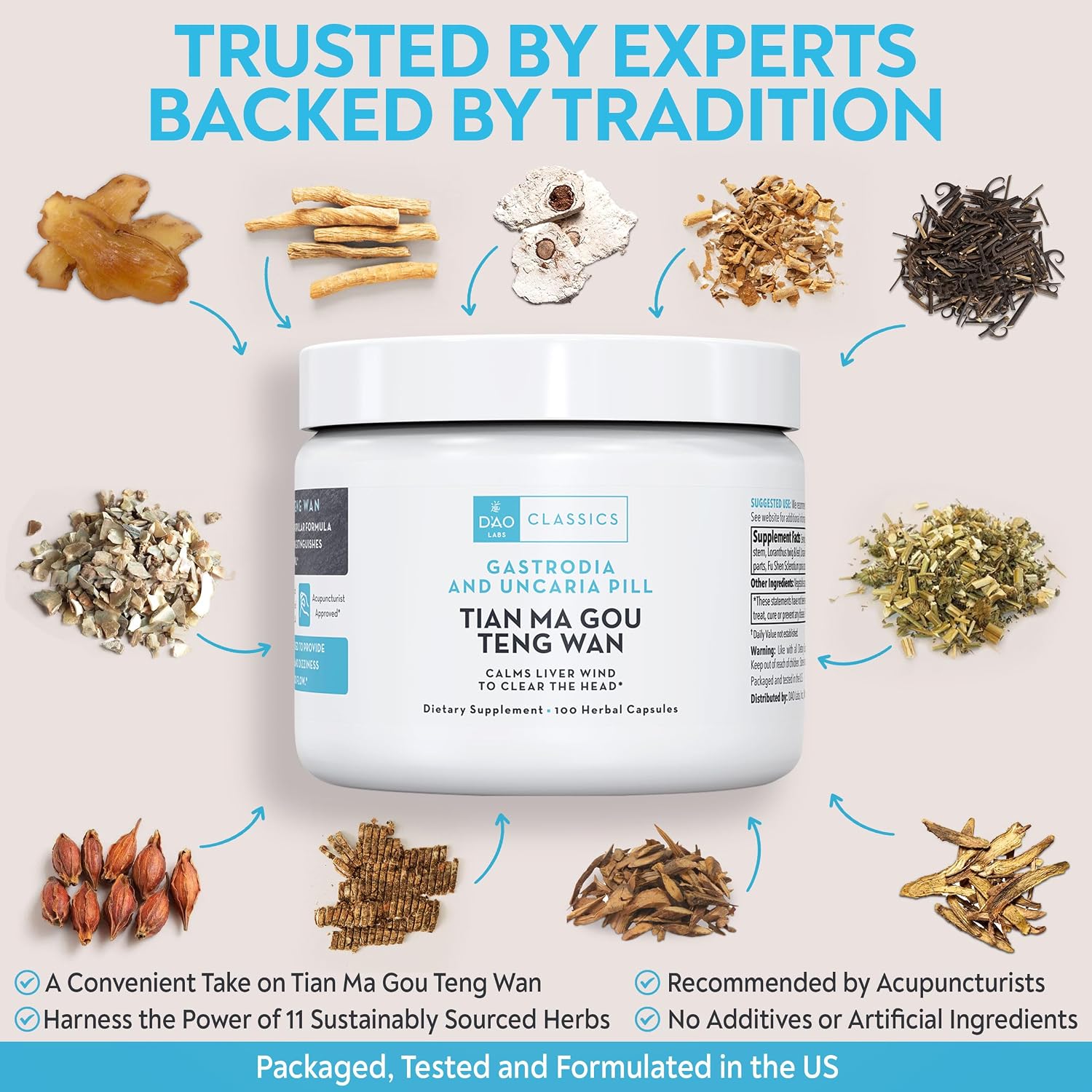 D’AO Labs Tian Ma Gou Teng Wan – Cápsulas de Gastrodia y Uncaria – 100 Cápsulas