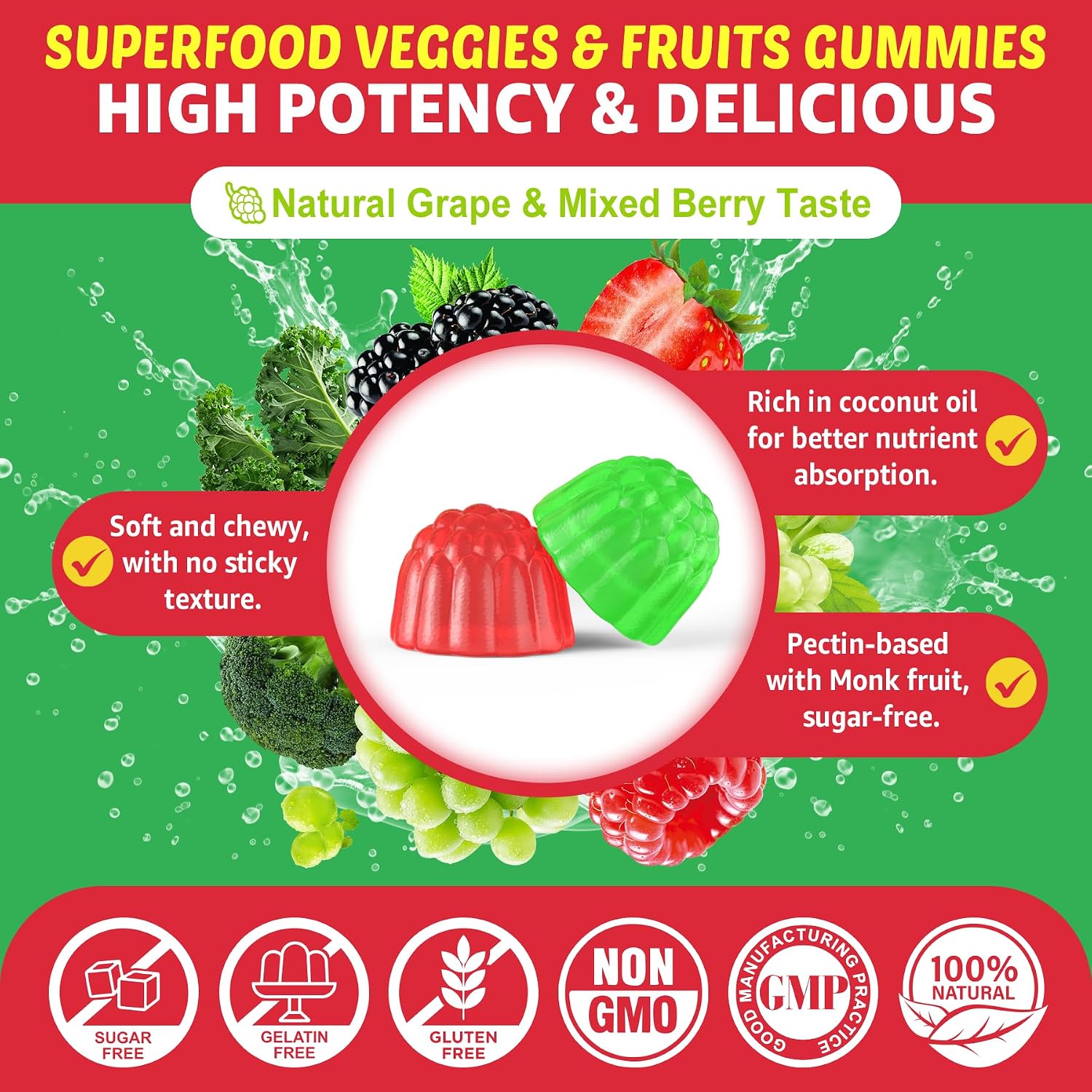 Super Greens Gummies - Complemento Diario de Superalimentos Verdes con Espirulina, Chlorella, Probióticos y Vitaminas, 120 Gominolas
