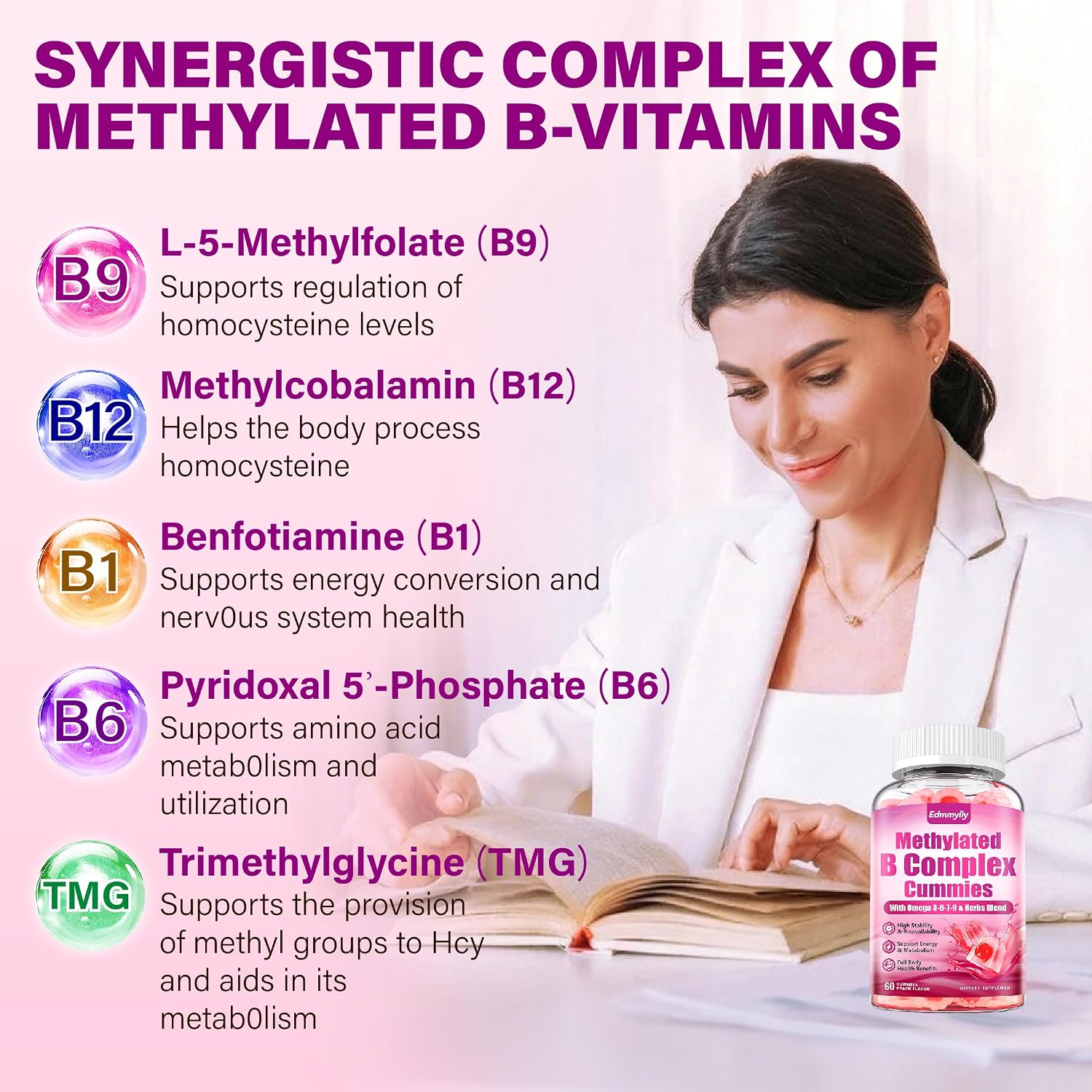 Edmmyliy Complejo B Metilado para Mujeres - Gomitas con Vitaminas B1, B2, B6, B12, Folato, Vitamina C, Magnesio y Omega 3