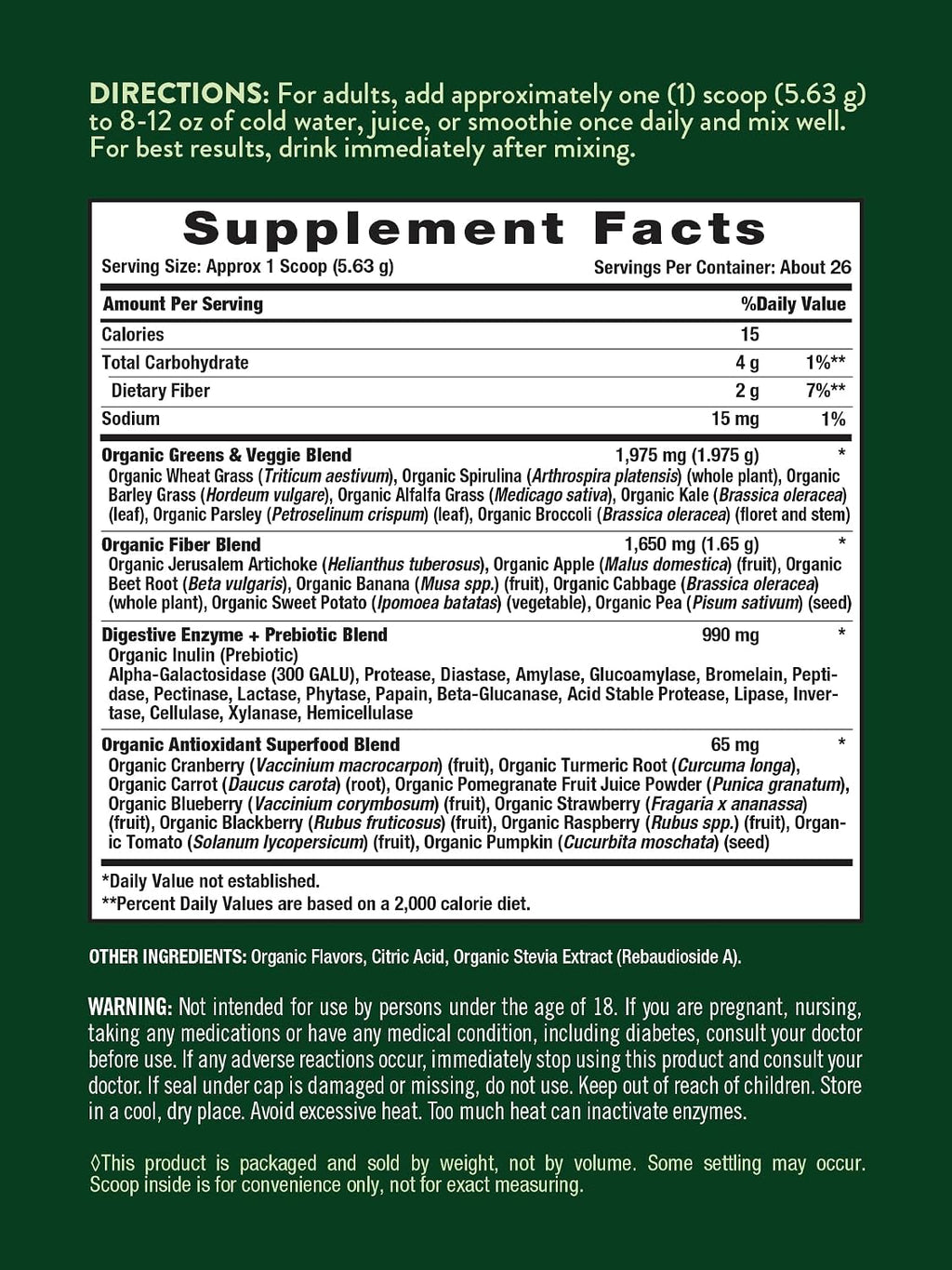 Nature's Truth Organic Greens Powder - Polvo de Superalimentos Orgánicos con Enzimas Digestivas y Prebióticos, Sabor Fresa Kiwi, 146 g