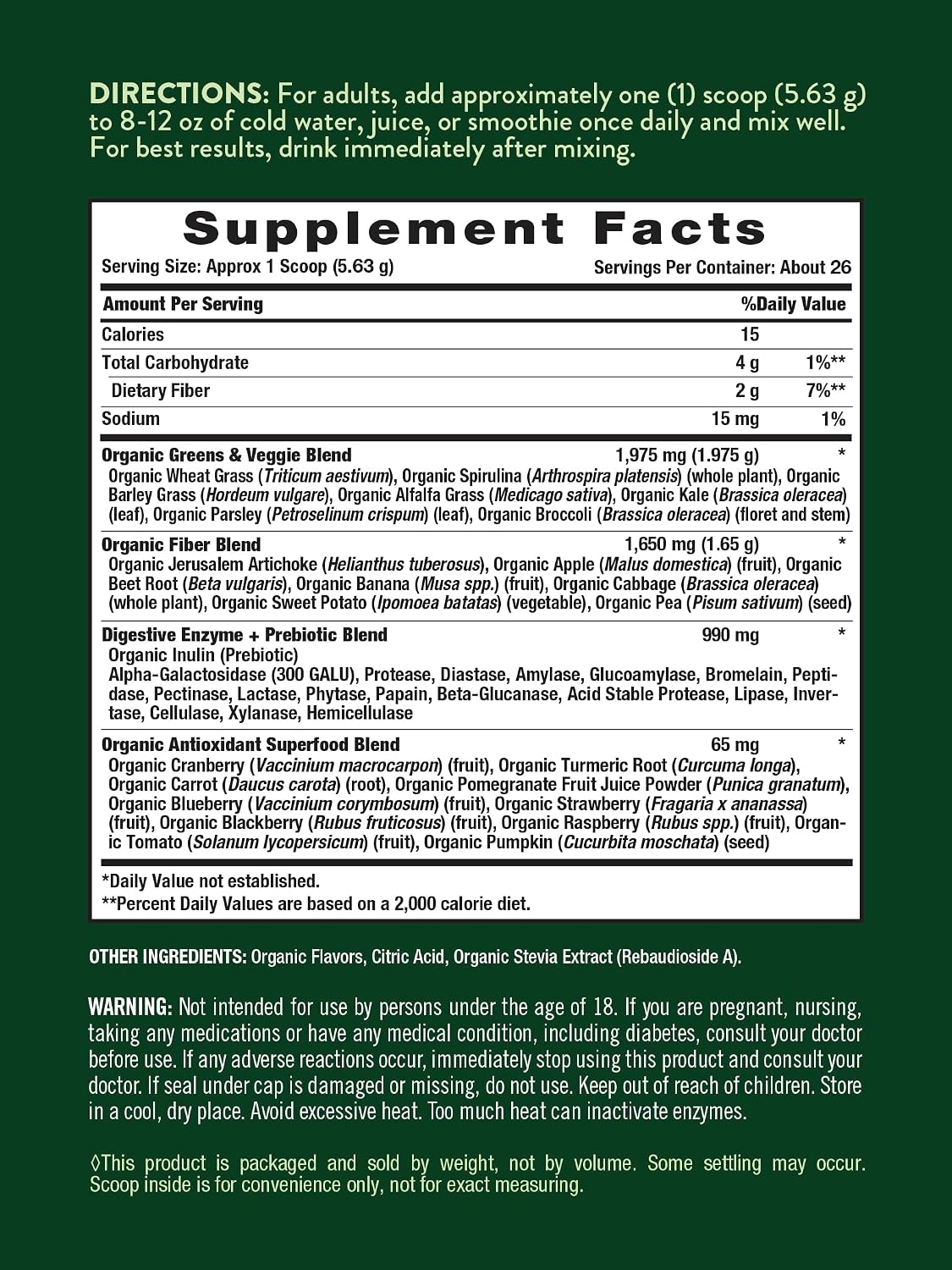 Nature's Truth Organic Greens Powder - Polvo de Superalimentos Orgánicos con Enzimas Digestivas y Prebióticos, Sabor Fresa Kiwi, 146 g