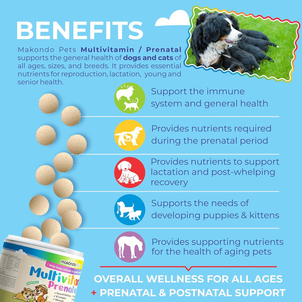 Makondo Pets Vitaminas Prenatales para Perros y Gatos - Suplemento con Ácido Fólico, Calcio y Hierro