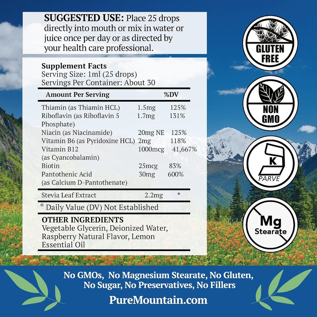 Pure Mountain Botanicals Complejo B Líquido - Vitaminas B12 y B6 - Sabor Frambuesa - Kosher No GMO - 30 Dosis