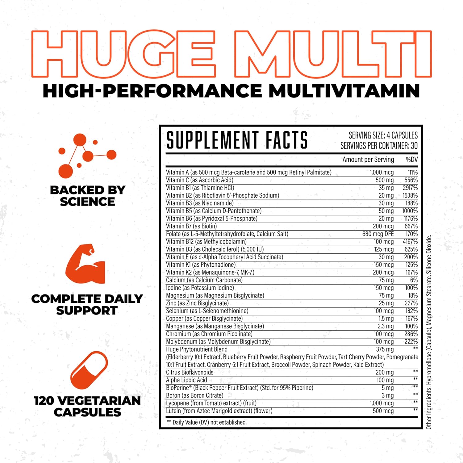 Huge Multi, Multivitamínico para Hombres, Fórmula Completa para Deportistas y Culturistas, 120 Cápsulas