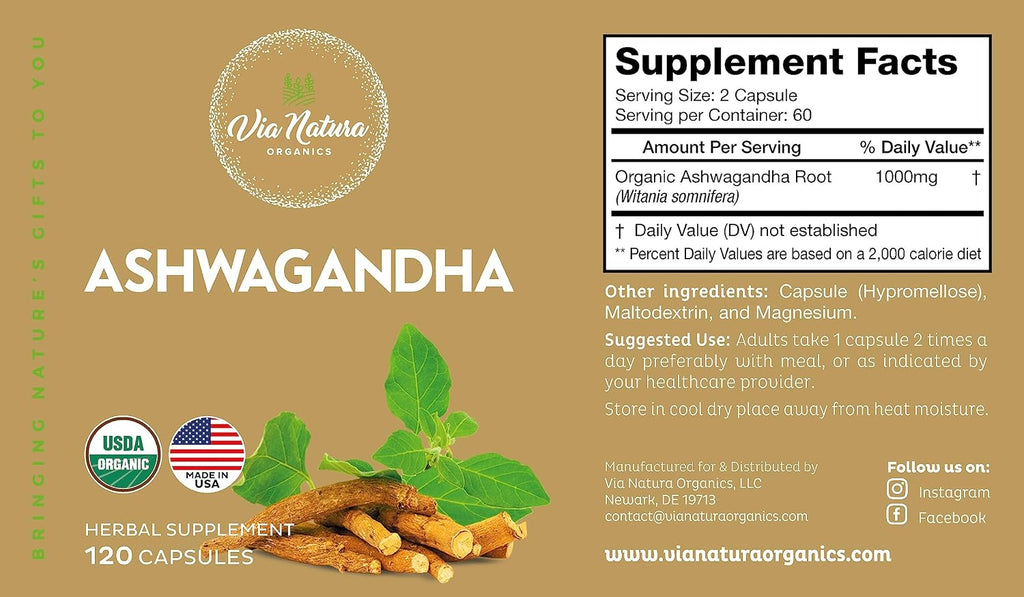 Cápsulas de Ashwagandha 1000 mg | Suplemento Herbal Orgánico | 120 Cápsulas