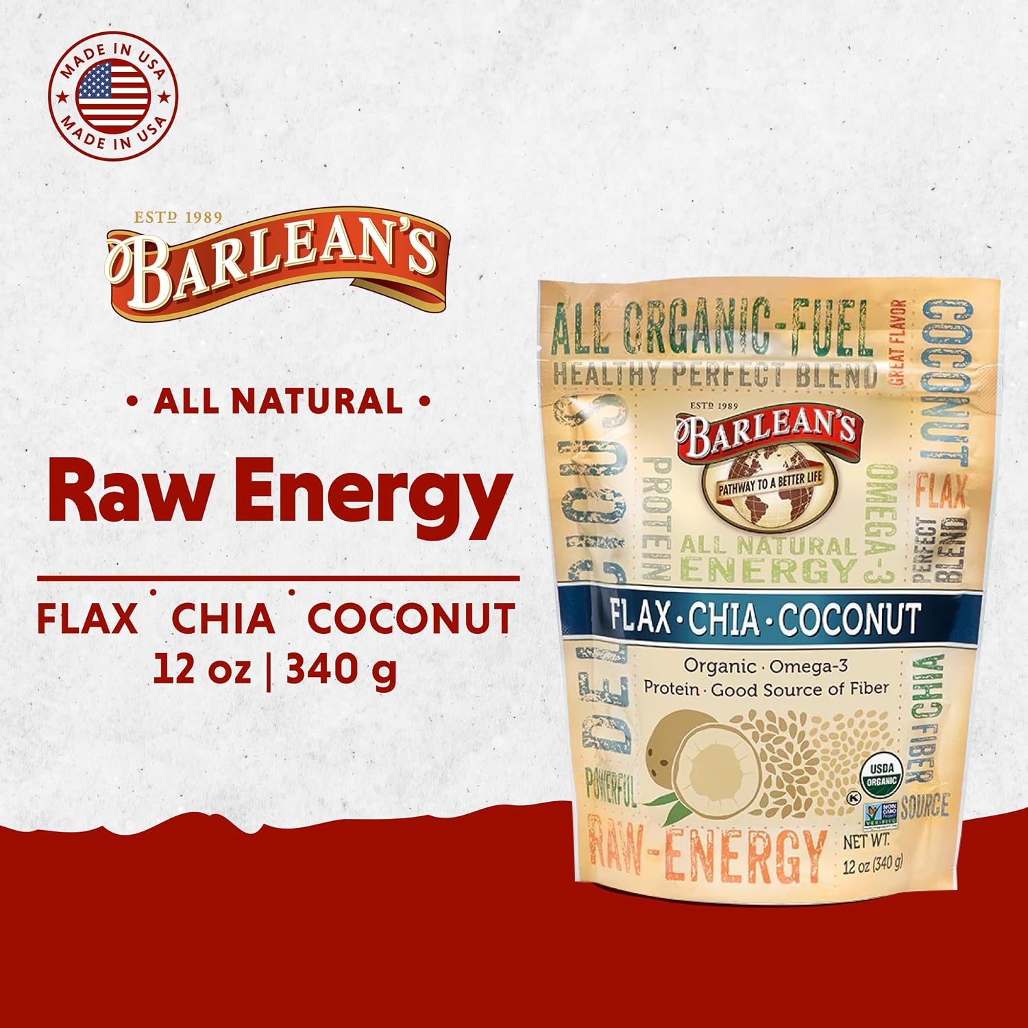Organic Flax, Chia, and Coconut Seed Blend with 2,330 mg Omega-3 Fatty Acids, Fiber Supplement with Whole Chia Seeds and Ground Flax, 340g
