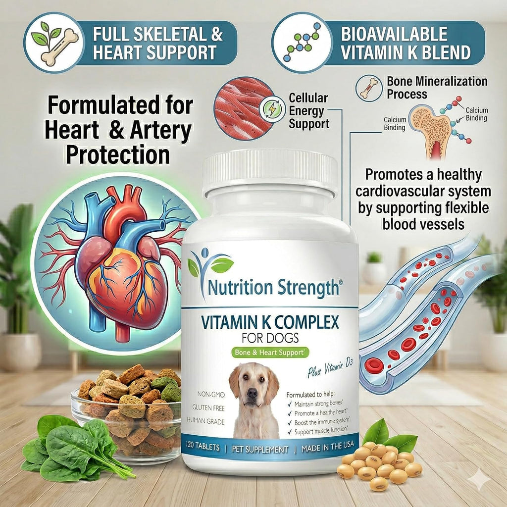 Complemento de vitamina K para perros - K1 y K2 (MK4 + MK7) + Vitamina D3 para la salud ósea, apoyo cardíaco y absorción de calcio - Fórmula avanzada para articulaciones fuertes, músculos y sistema inmunitario - 120 comprimidos