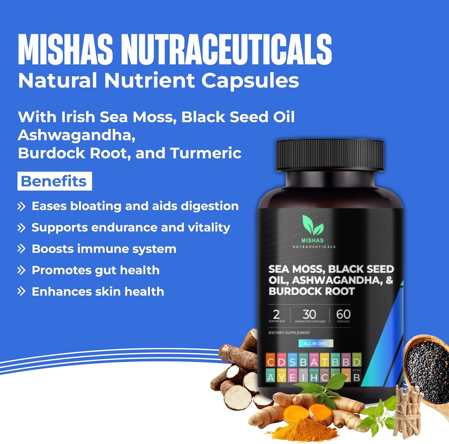 Mishas Nutraceuticals Sea Moss Blend 15 en 1 - Cápsulas de Musgo Marino y Hierbas