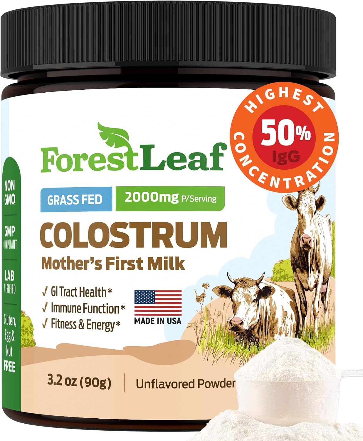 ForestLeaf Colostrum en Polvo 50% IgG, Concentración Pura, de Pasto, Sin Sabor, 45 Porciones