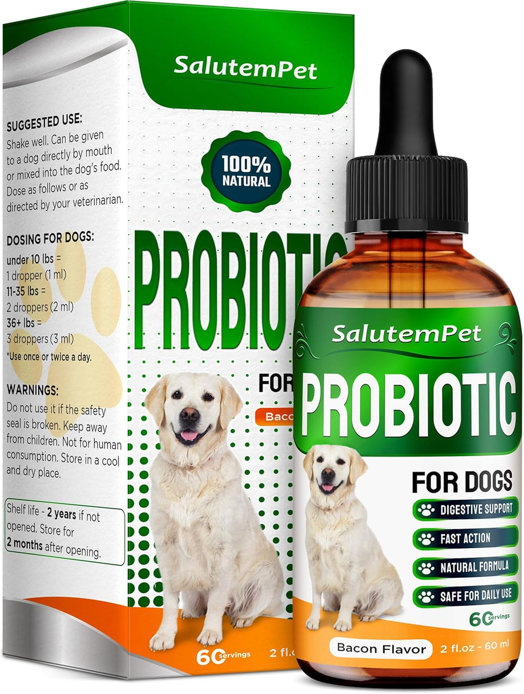 Probióticos Líquidos para Perros y Cachorros con Prebióticos y Enzimas Digestivas - Sabor Bacon - 60 ml