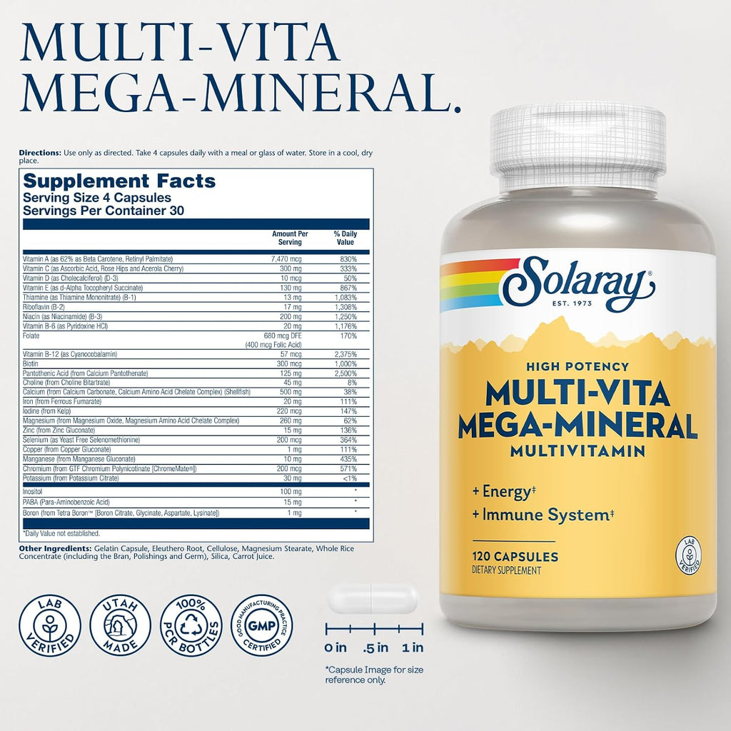 SOLARAY Multi-Vita Mega-Mineral Multivitamin for Men and Women, 120 Capsules