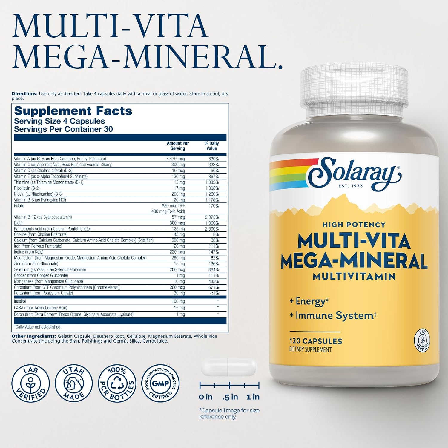 SOLARAY Multi-Vita Mega-Mineral Multivitamin for Men and Women, 120 Capsules