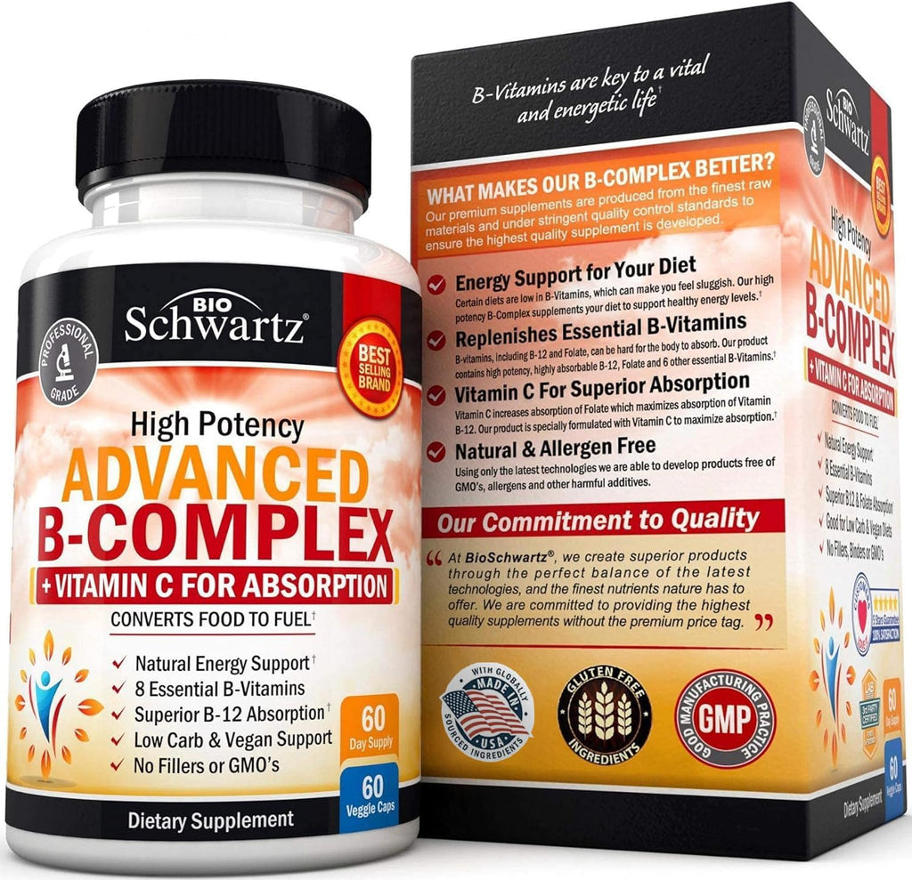 Complejo de Vitaminas B con Vitamina C - con Metilcobalamina B12 y Folato - Suplemento B1 B2 B3 B5 B6 B7 B9 - 60 Cápsulas