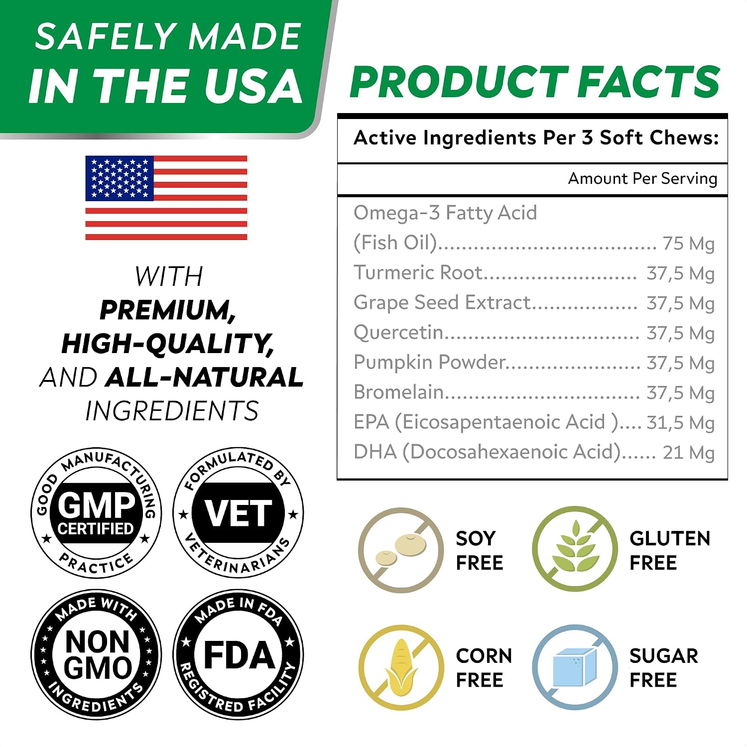 STRELLALAB Masticables para Alivio de Alergias y Picor en Perros con Omega 3: Apoyo para Piel y Pelaje con Aceite de Pescado, Calabaza y Enzimas para Perros y Gatos — Sabor Pollo BBQ - 180 unidades