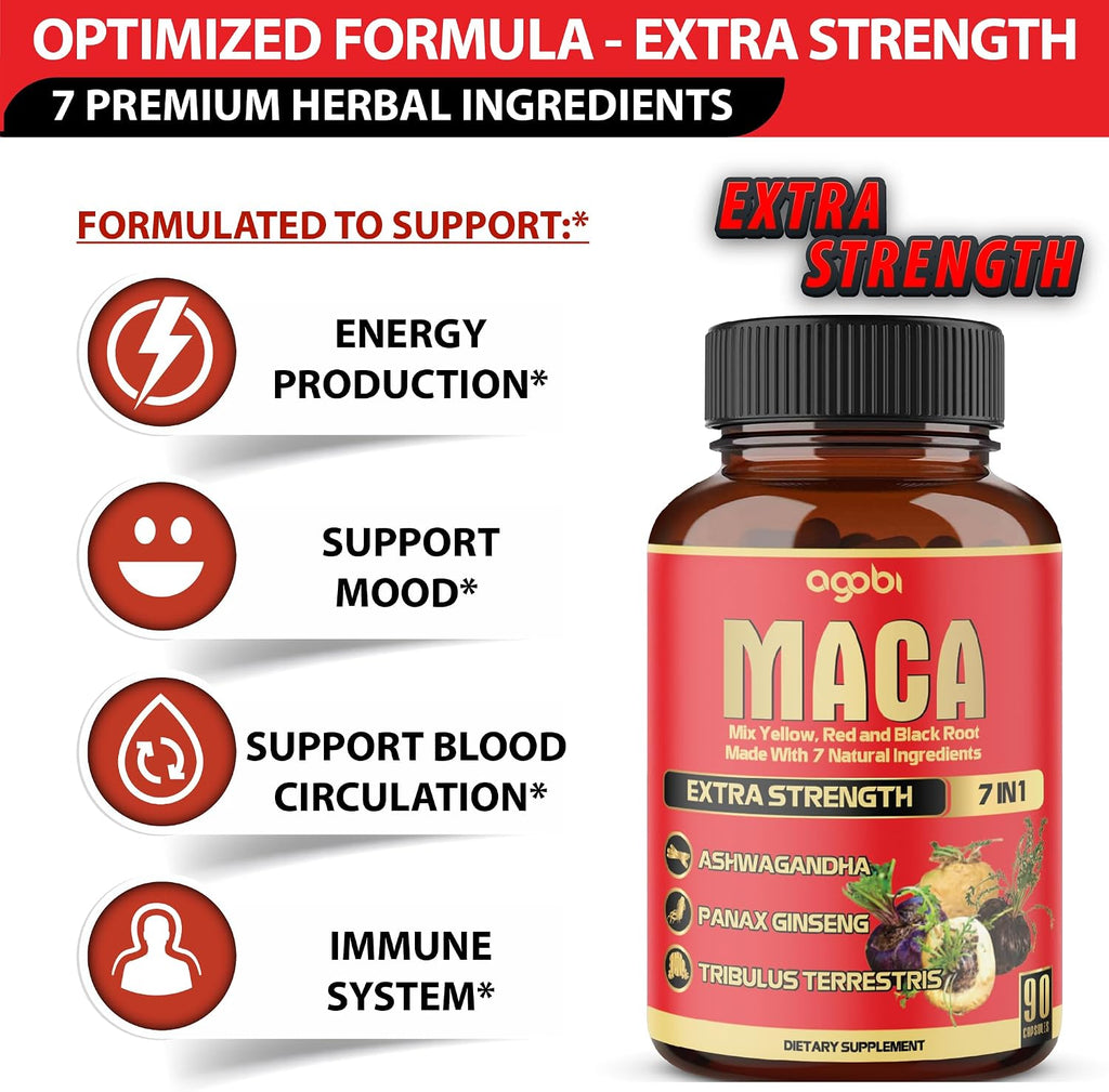Agobi Maca Root Cápsulas - Suplemento Herbal 7 en 1, 90 Cápsulas Veganas