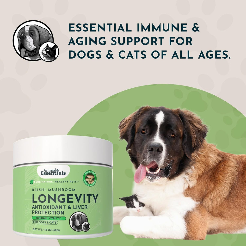 Animal Essentials Longevity Suplemento de Hongo Reishi para Perros y Gatos - Extracto en Polvo, Salud Cardiovascular y Hepática, Antioxidante - 50g