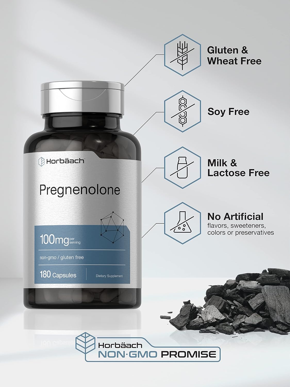 Horbäach Pregnenolona 100mg | 180 Cápsulas | No-GMO y Sin Gluten