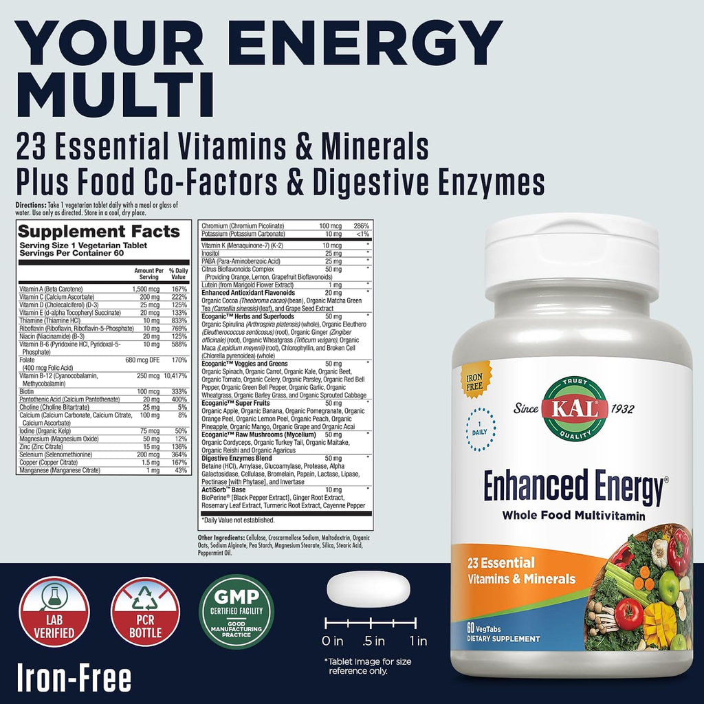 KAL Enhanced Energy - Whole Food Multivitamin for Men & Women, 60 VegTabs