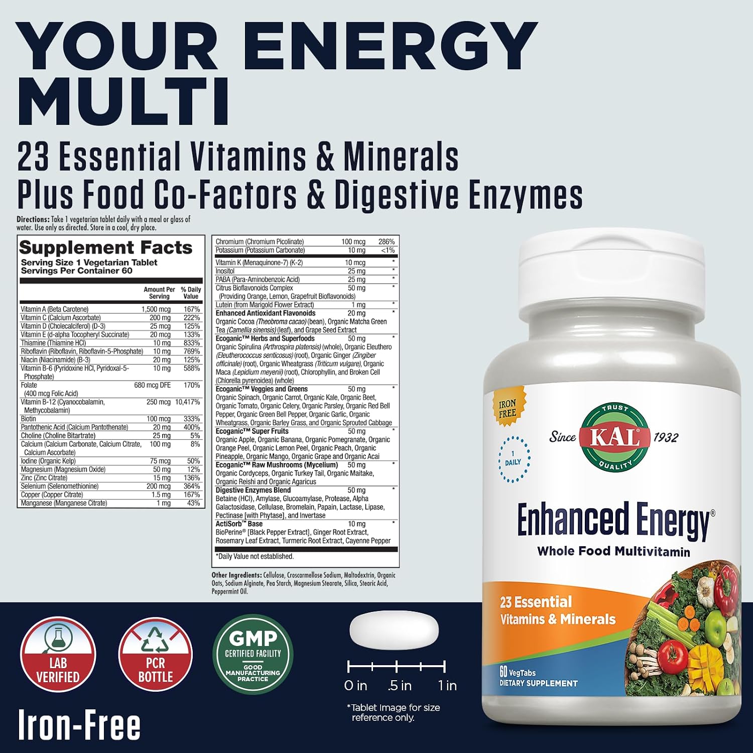 KAL Enhanced Energy - Whole Food Multivitamin for Men & Women, 60 VegTabs