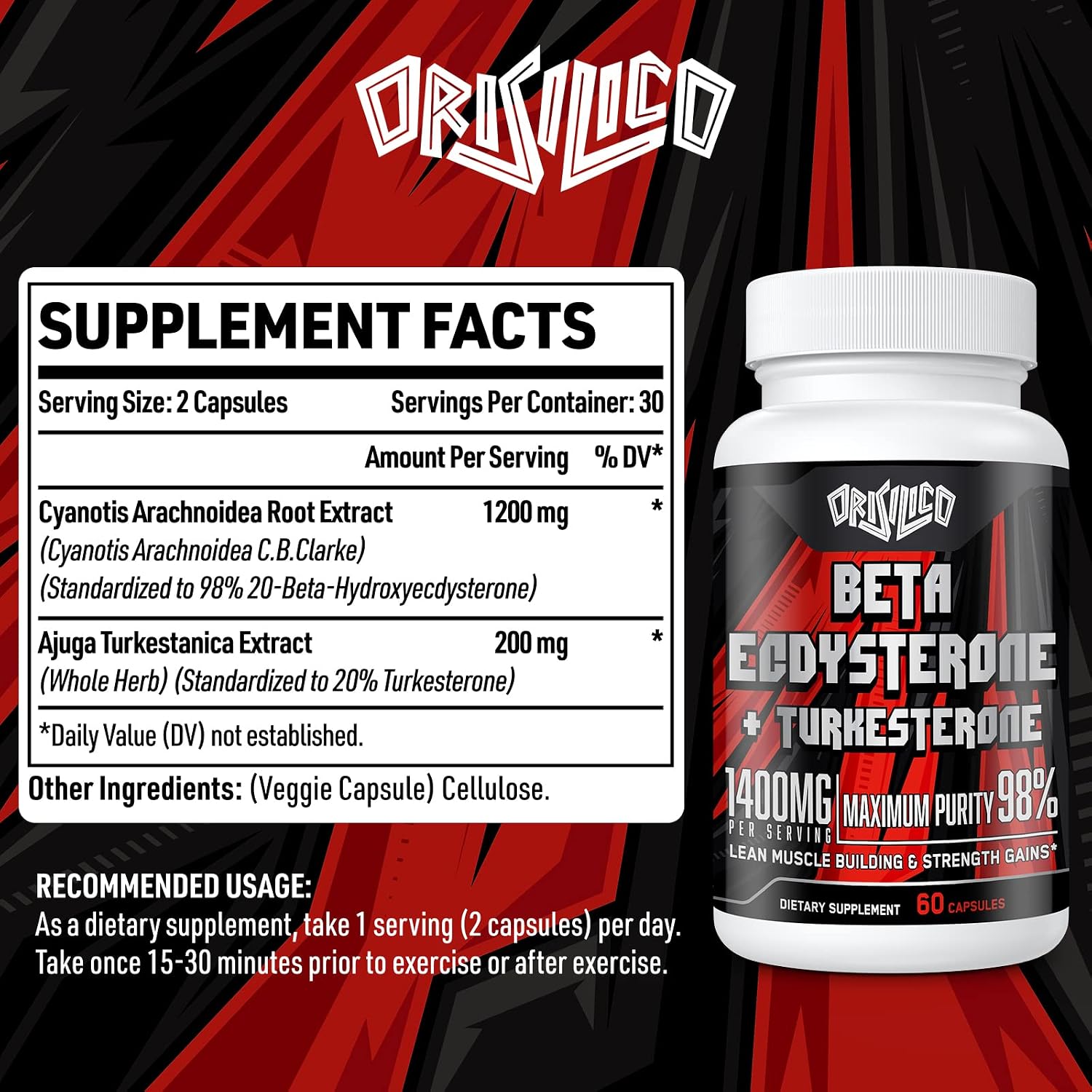 Orisilico Beta Ecdisterona y Turkesterona 1400 mg – 98% Pureza – 60 Cápsulas