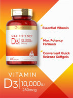 Carlyle Vitamina D3 10.000 UI 400 Cápsulas Blandas - Alta Potencia - Sin Gluten, Non-GMO
