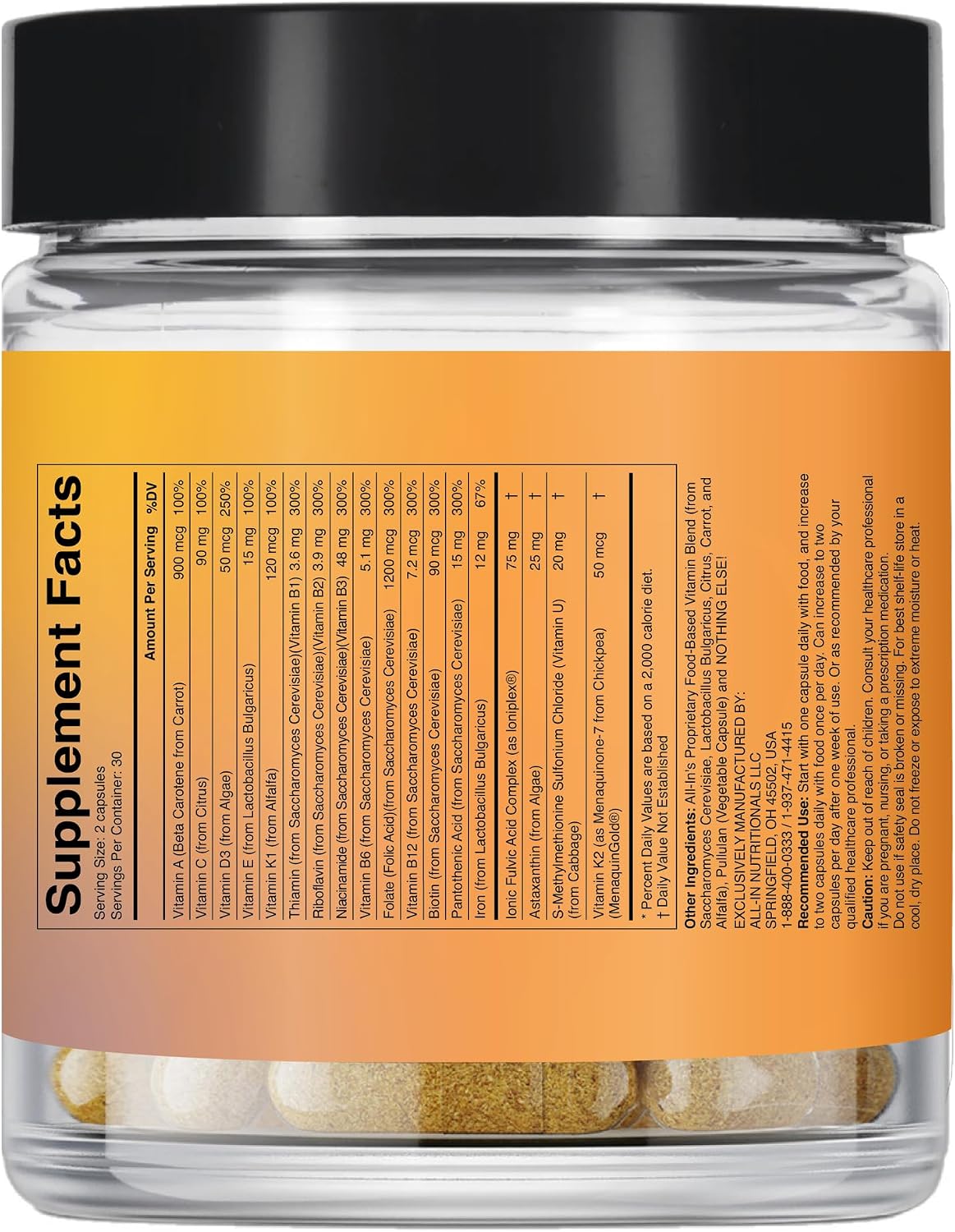 All In Nutritionals AM Multi-Vitamin +: Multivitamínico vegano a base de alimentos con vitamina D3, K2, B12, hierro y ácido fúlvico iónico