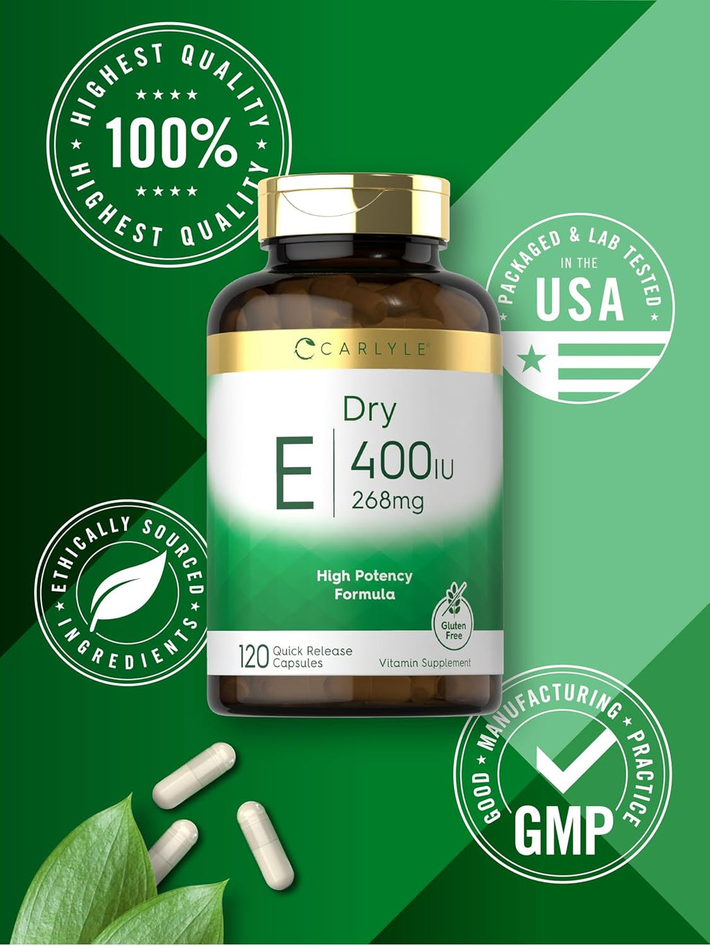 Carlyle Dry Vitamin E 400 UI | 120 Cápsulas | D-Alfa Tocoferilo | Fórmula de Alta Potencia | No-GMO y Sin Gluten