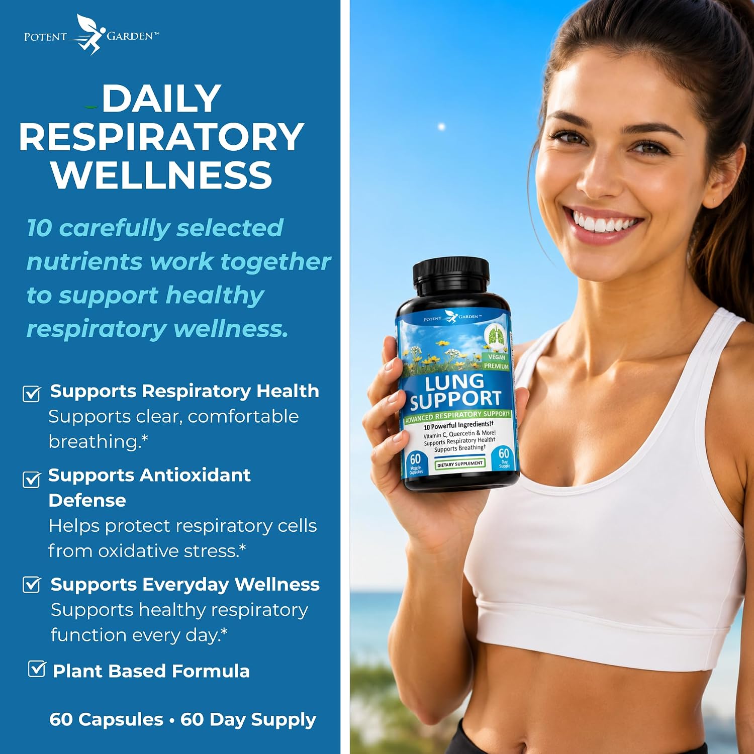 Potent Garden Suplemento de Apoyo Respiratorio con Vitamina C, Quercetina y Mezcla de Hierbas – Cápsulas Veganas, 60 Unidades