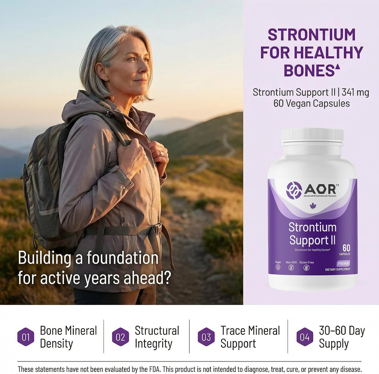 AOR Strontium Support II 341mg, 60 Cápsulas Veganas - Citrato de Estroncio para la Estructura Ósea