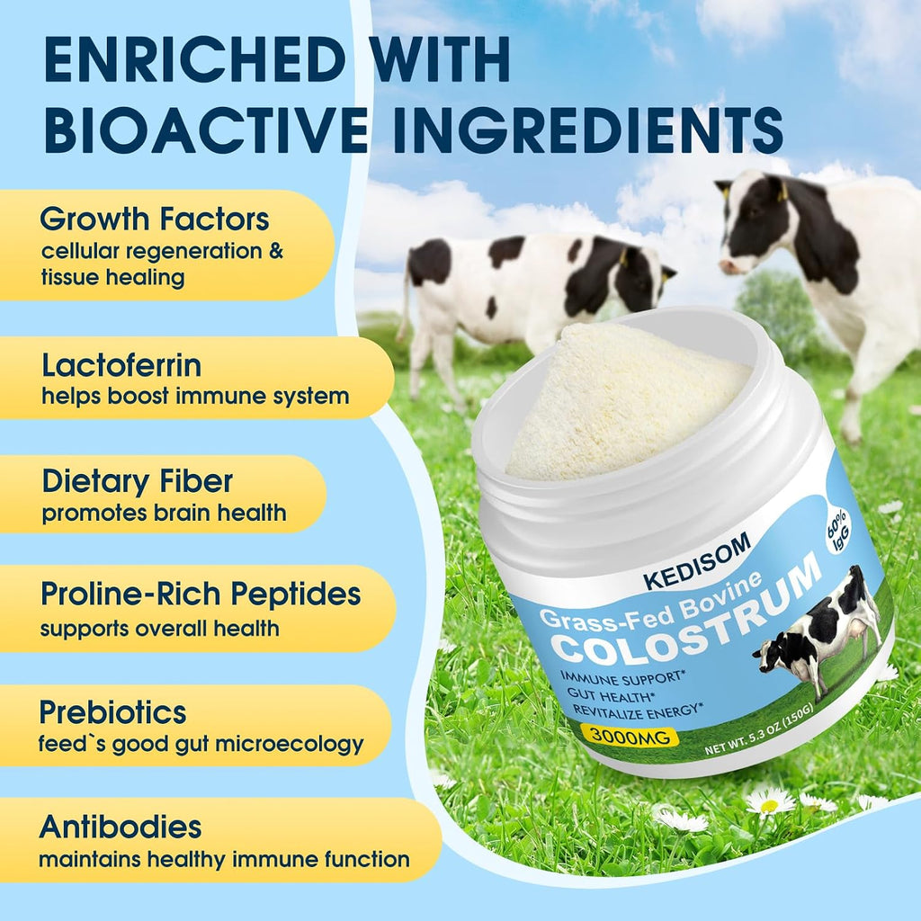 KEDISOM Colostro Bovino en Polvo - Grass-Fed, Liposomal, 60% IgG, 3000 mg, 50 Porciones