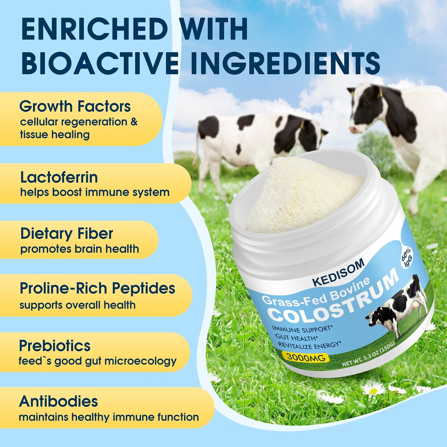 KEDISOM Colostro Bovino en Polvo - Grass-Fed, Liposomal, 60% IgG, 3000 mg, 50 Porciones