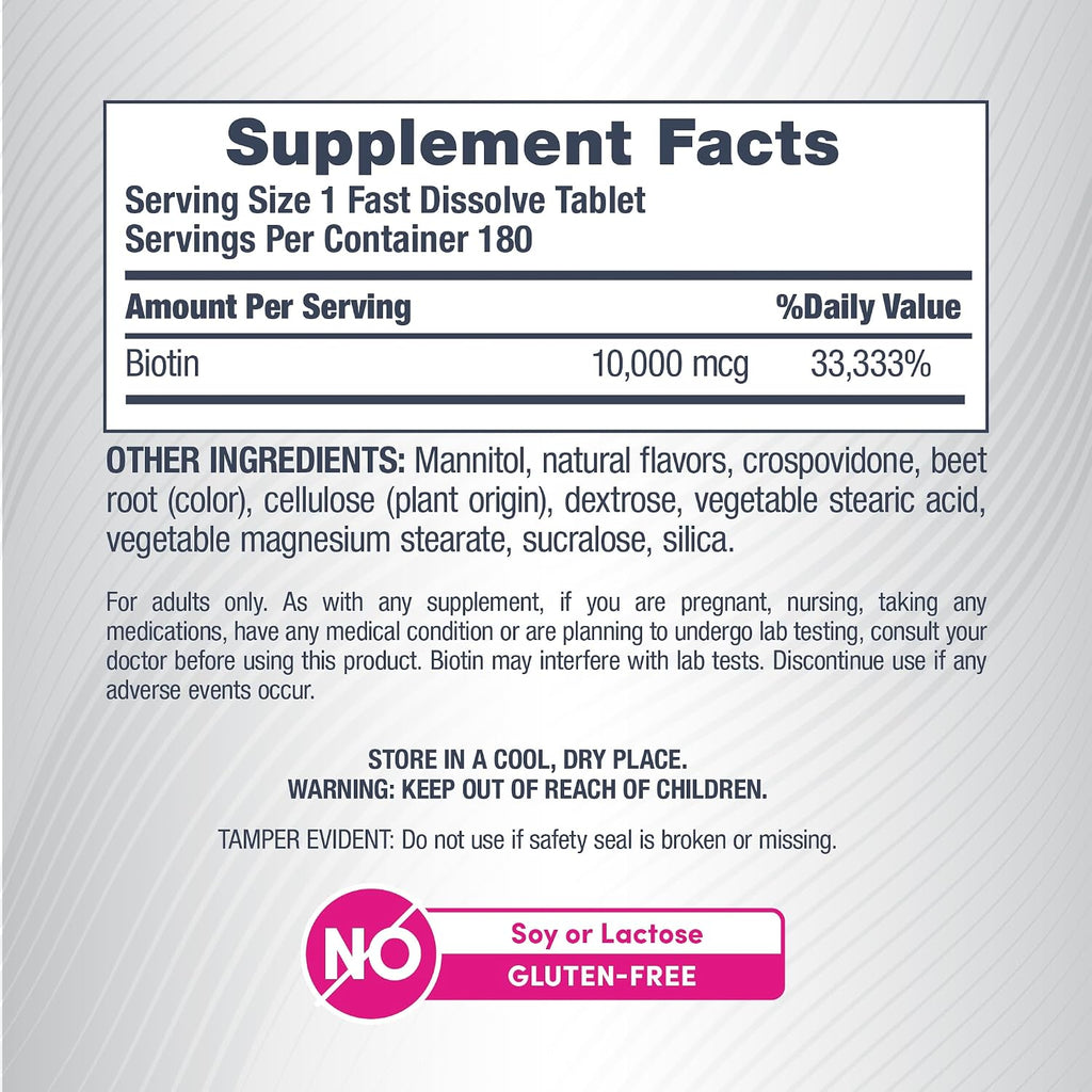 NeoCell Biotin 10000mcg Comprimidos de Disolución Rápida | 180 Comprimidos | Sabor a Bayas | Suplemento para Cabello, Piel y Uñas