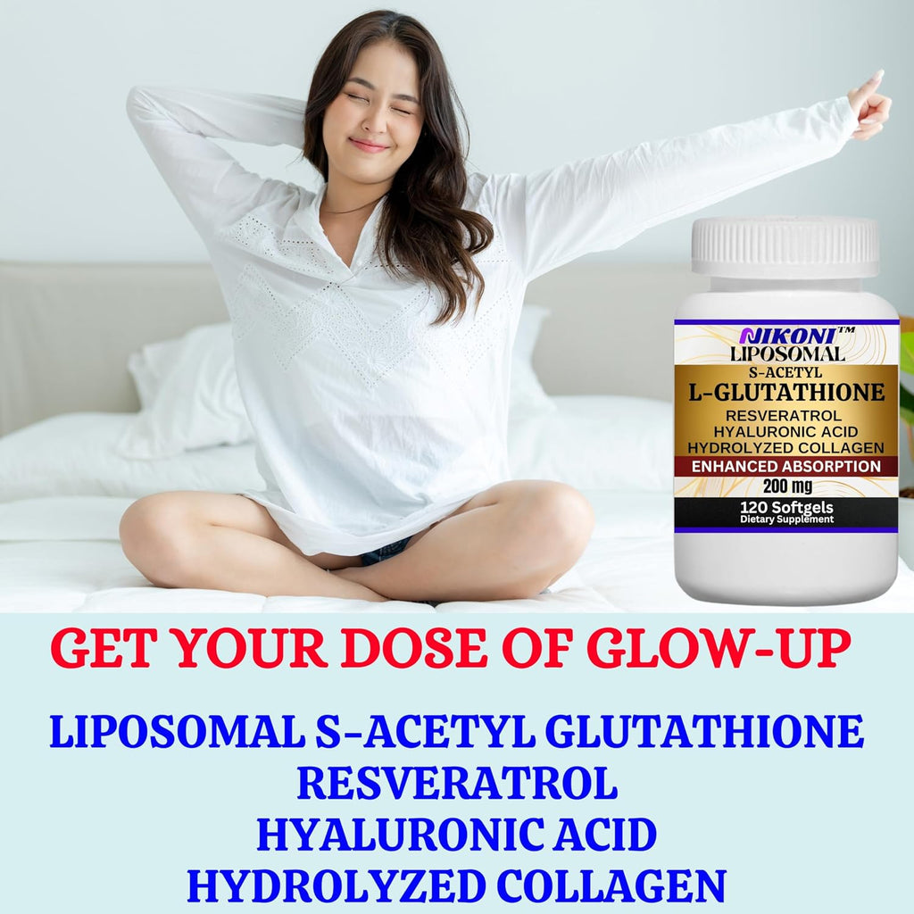 Nikoni Liposomal S-Acetil L-Glutation, Resveratrol, Ácido Hialurónico y Colágeno, 500 mg, 120 Cápsulas Blandas
