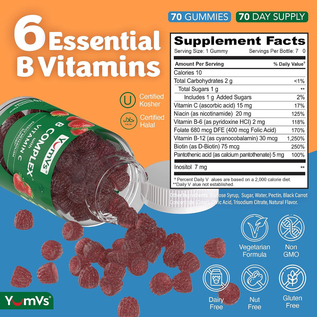 Gomitas de Complejo B con Vitamina C – Delicioso sabor, 1 al día, Apoyo Energético y Nervioso para Adultos – Vegano, Kosher, No-GMO – con B12, B6, Niacina y Ácido Fólico – 70 unidades