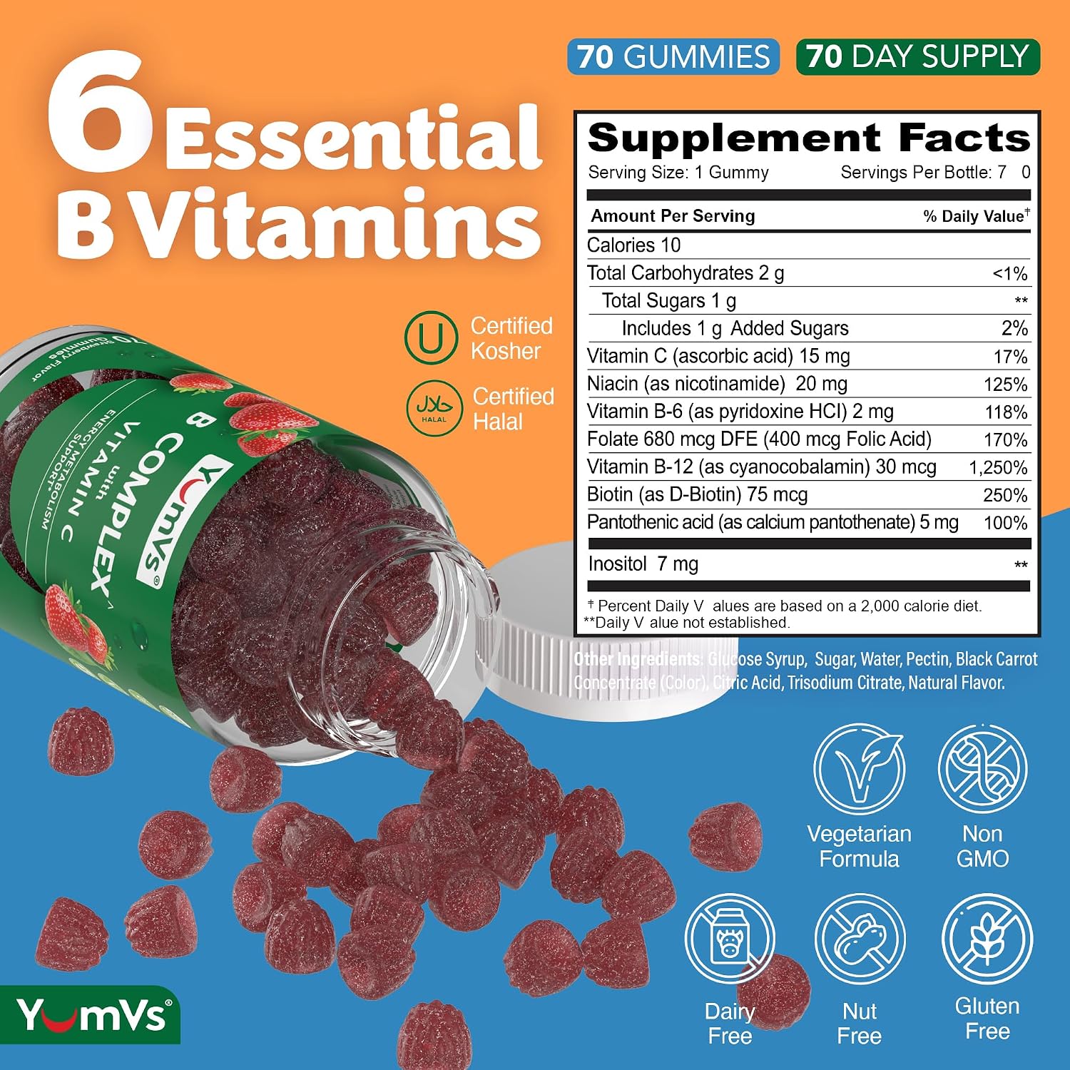 Gomitas de Complejo B con Vitamina C – Delicioso sabor, 1 al día, Apoyo Energético y Nervioso para Adultos – Vegano, Kosher, No-GMO – con B12, B6, Niacina y Ácido Fólico – 70 unidades