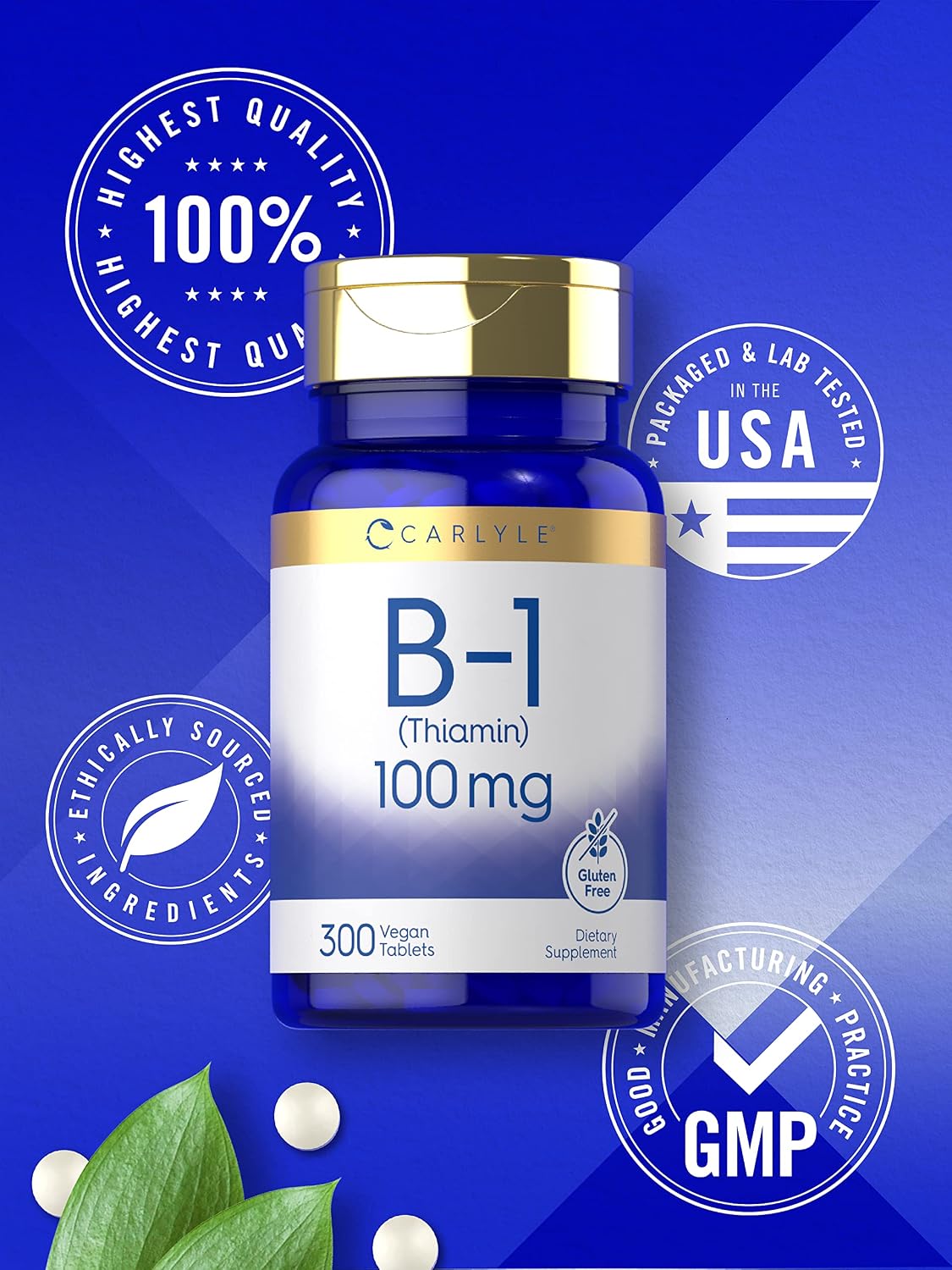 Carlyle Vitamina B1 100mg - 300 Comprimidos (Tiamina HCl) para Mujer y Hombre