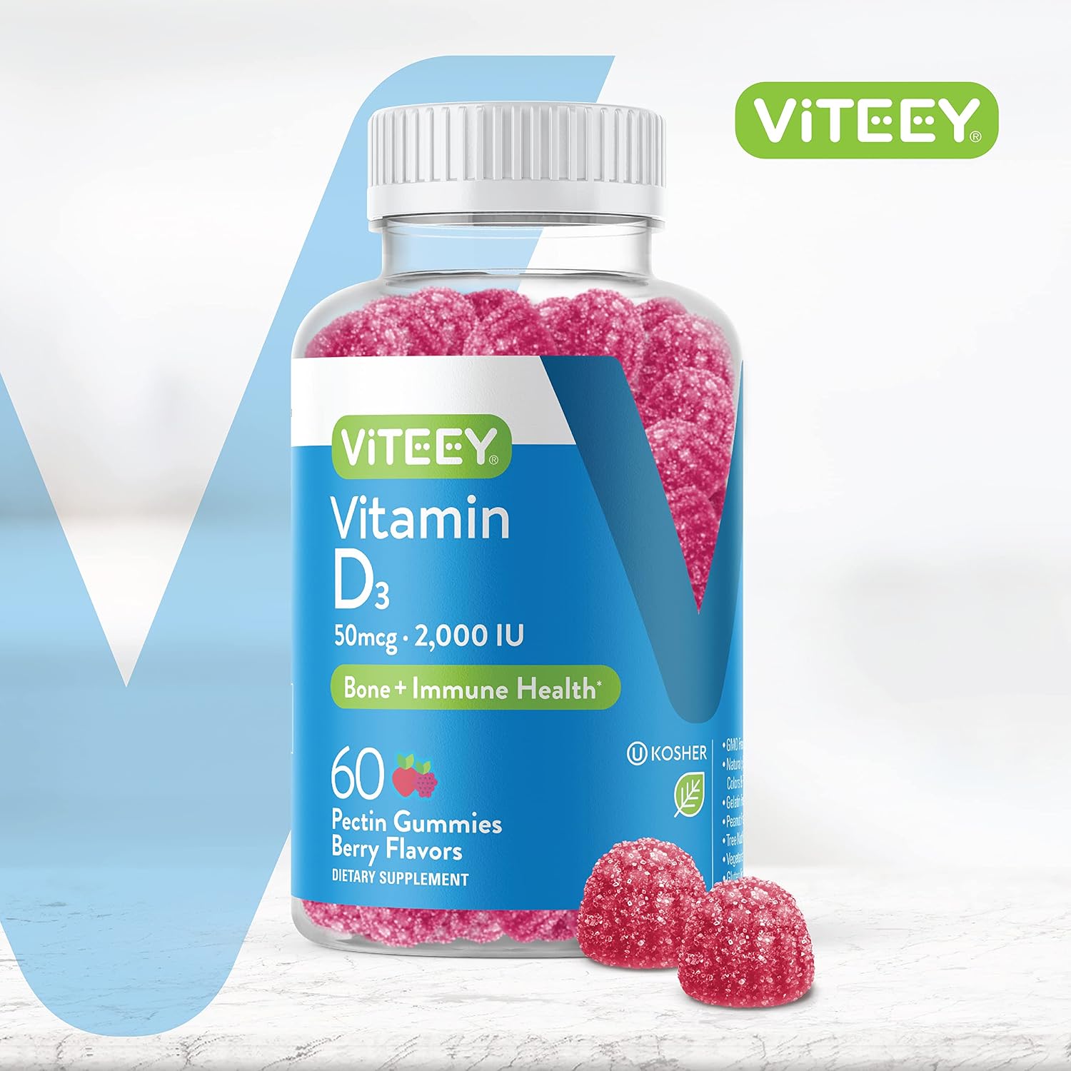 Viteey Vitamin D3 Gummies - 2000 UI, 50 mcg - Gomitas de vitamina D3 para adultos y adolescentes - Sabor a bayas - 60 unidades
