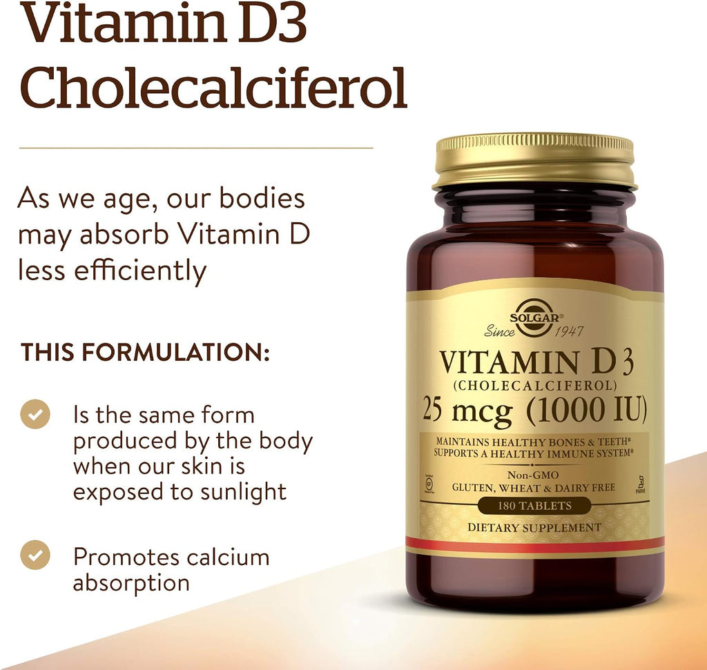 Solgar Vitamina D3 (Colecalciferol) 25 mcg (1000 UI) – 180 Comprimidos